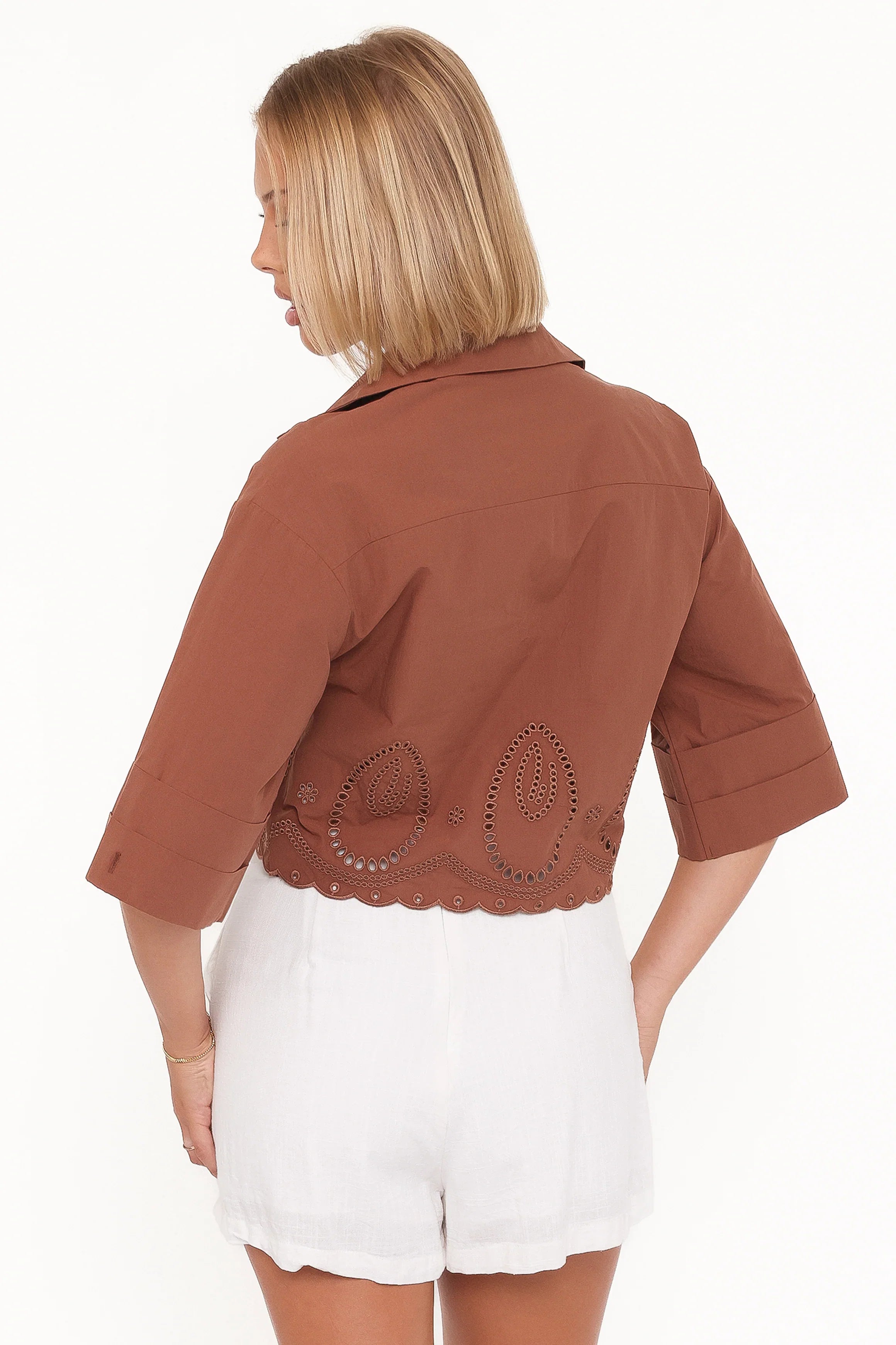 Williams Cropped Eyelet Button Up Shirt Brown