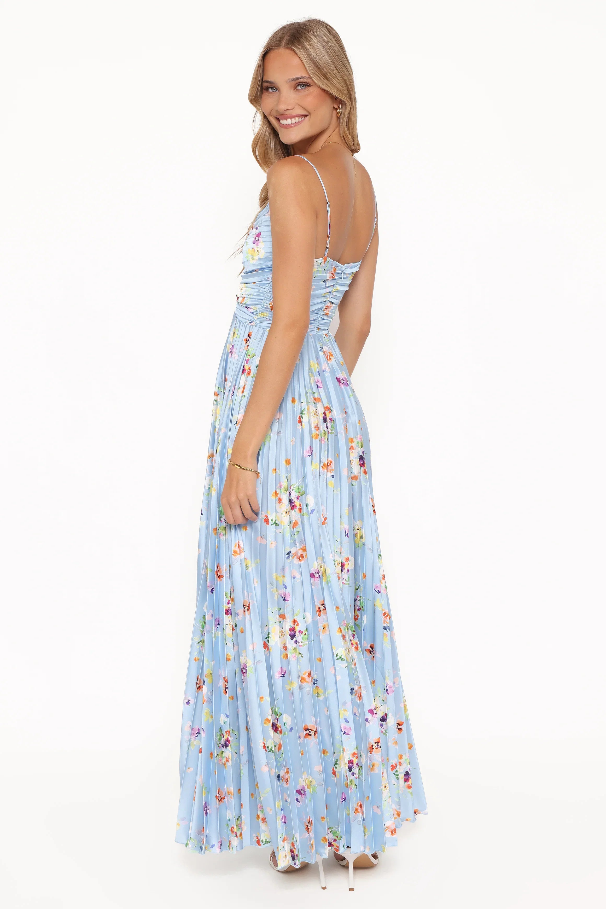 Naira Pleated Maxi Dress Cornflower Blue Floral