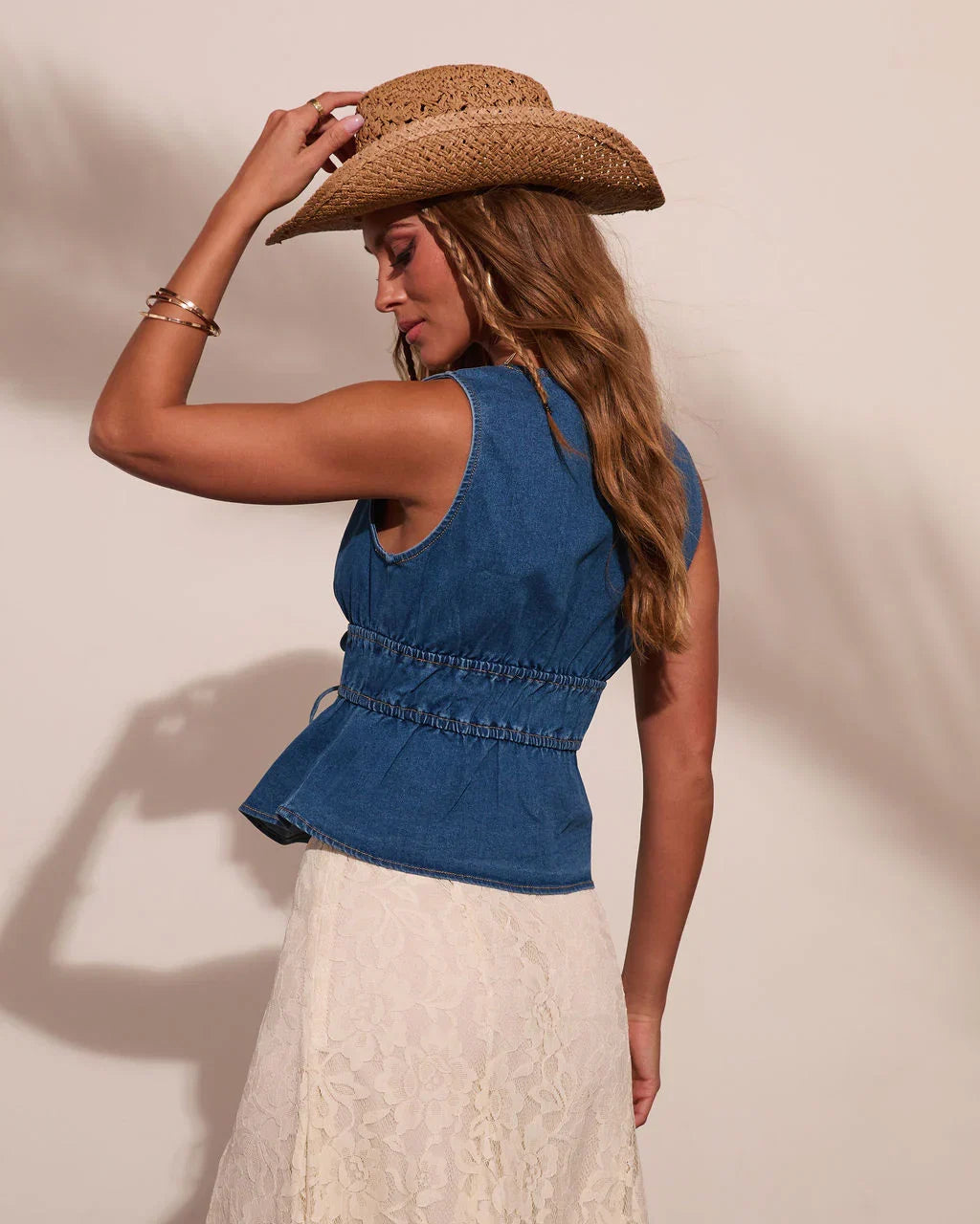 Sundust Muse Denim Front Tie Peplum Top
