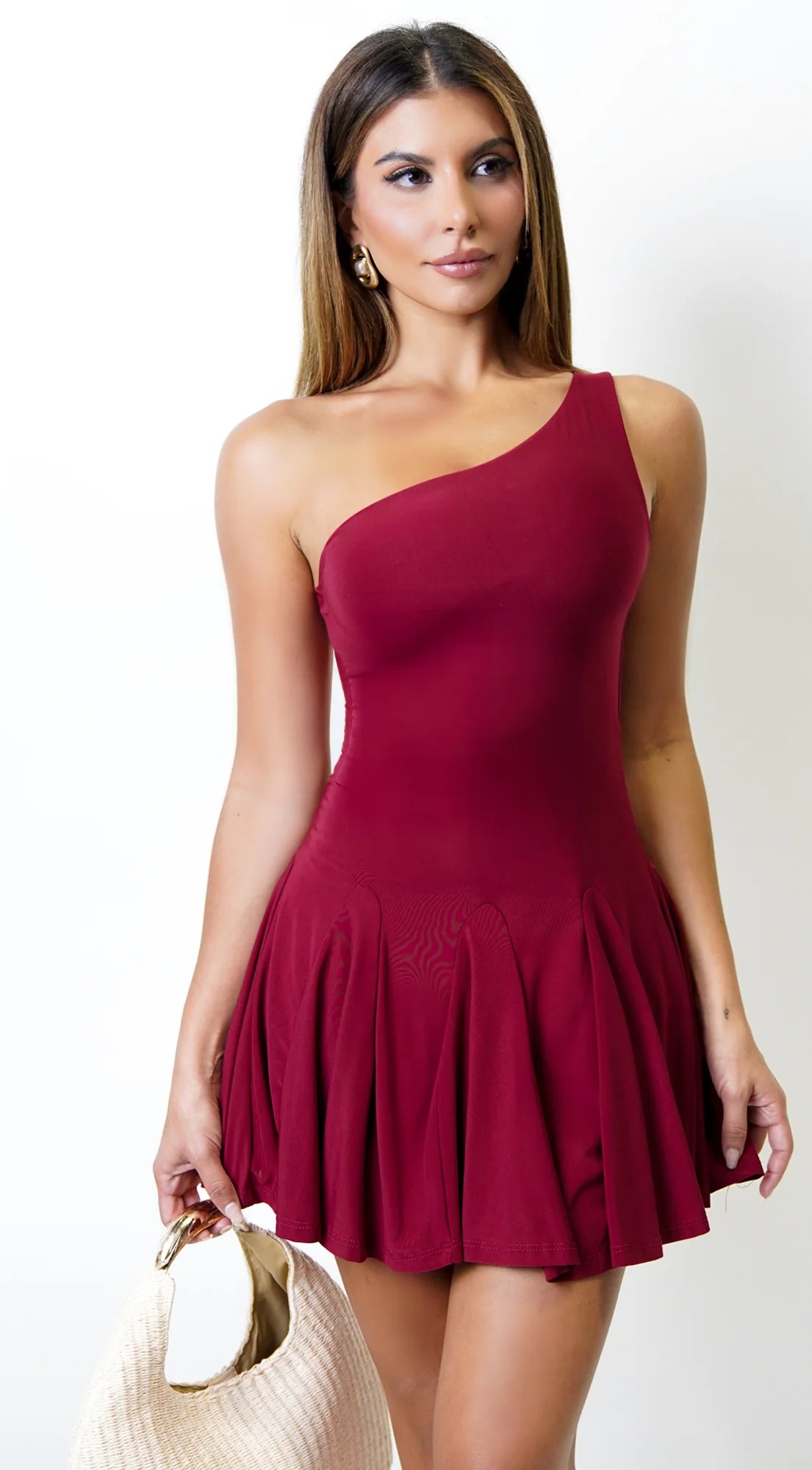 Midnight Hour One Shoulder Pleated Mini Dress Burgundy