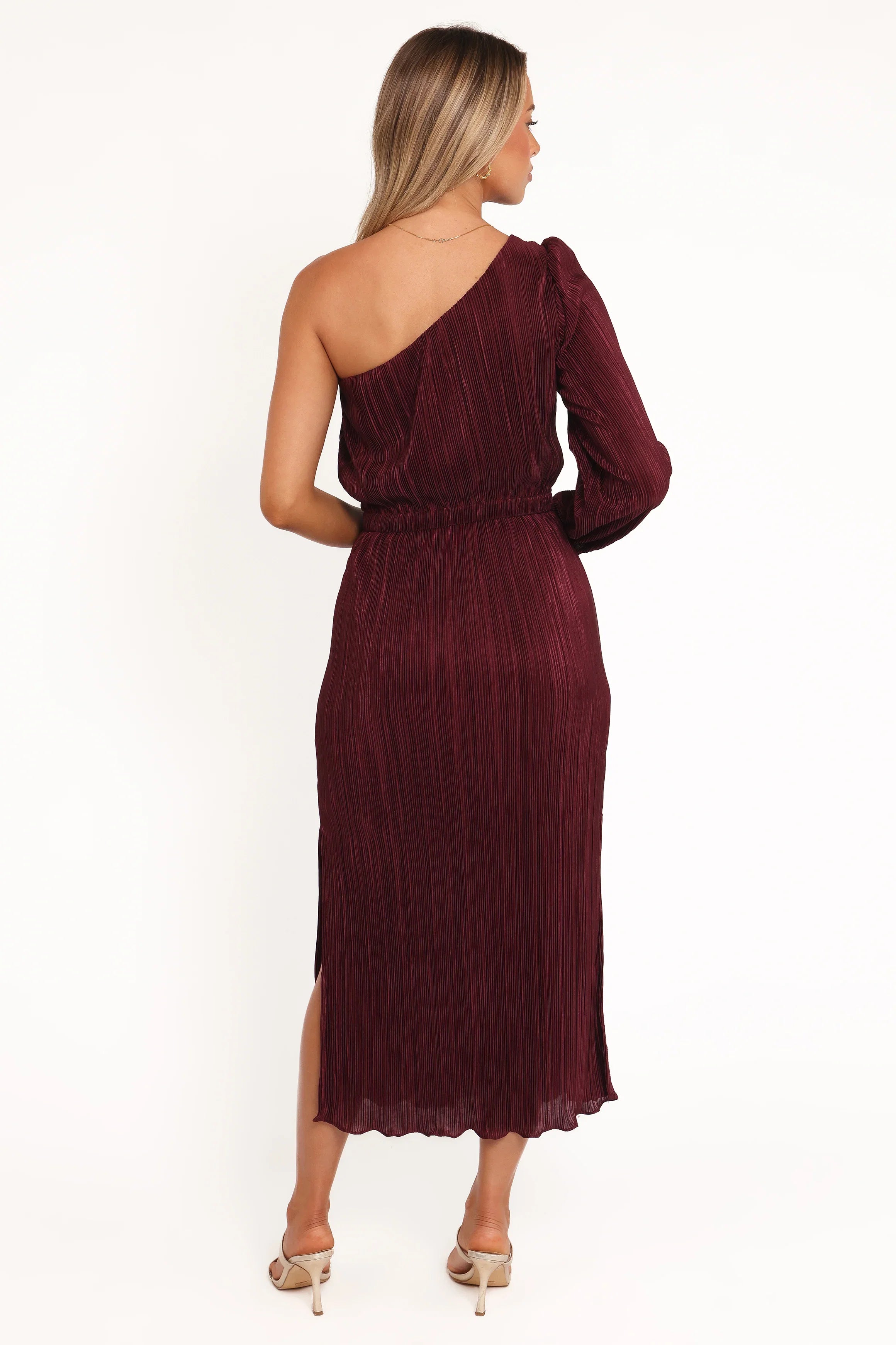 Pontee One Shoulder Pleated Midi Dress Burgundy