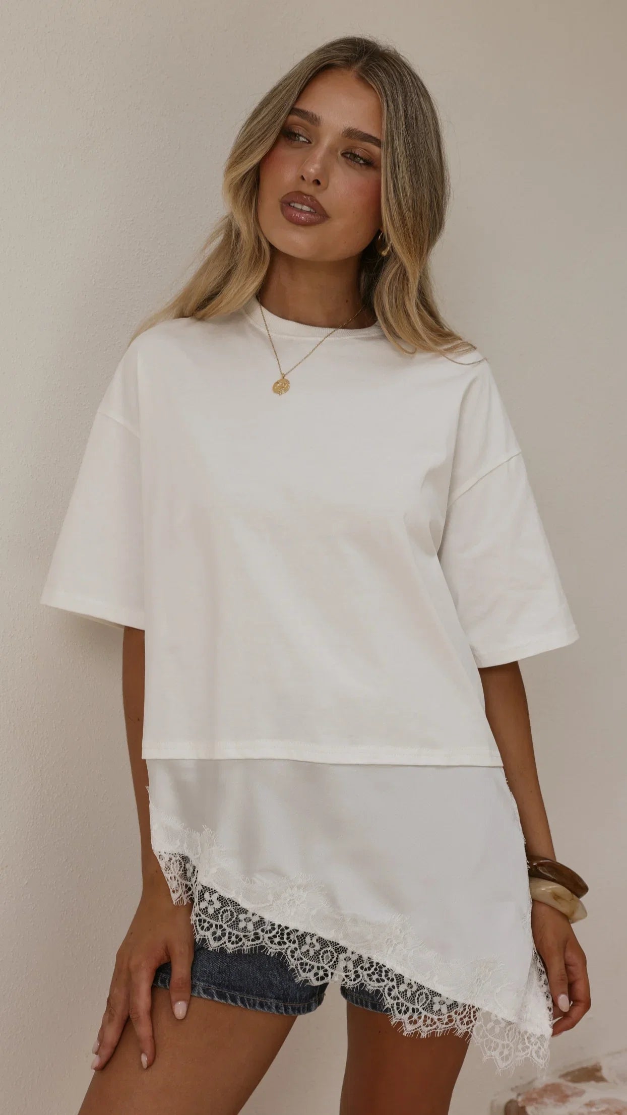 Mirandah Satin Panel T Shirt White