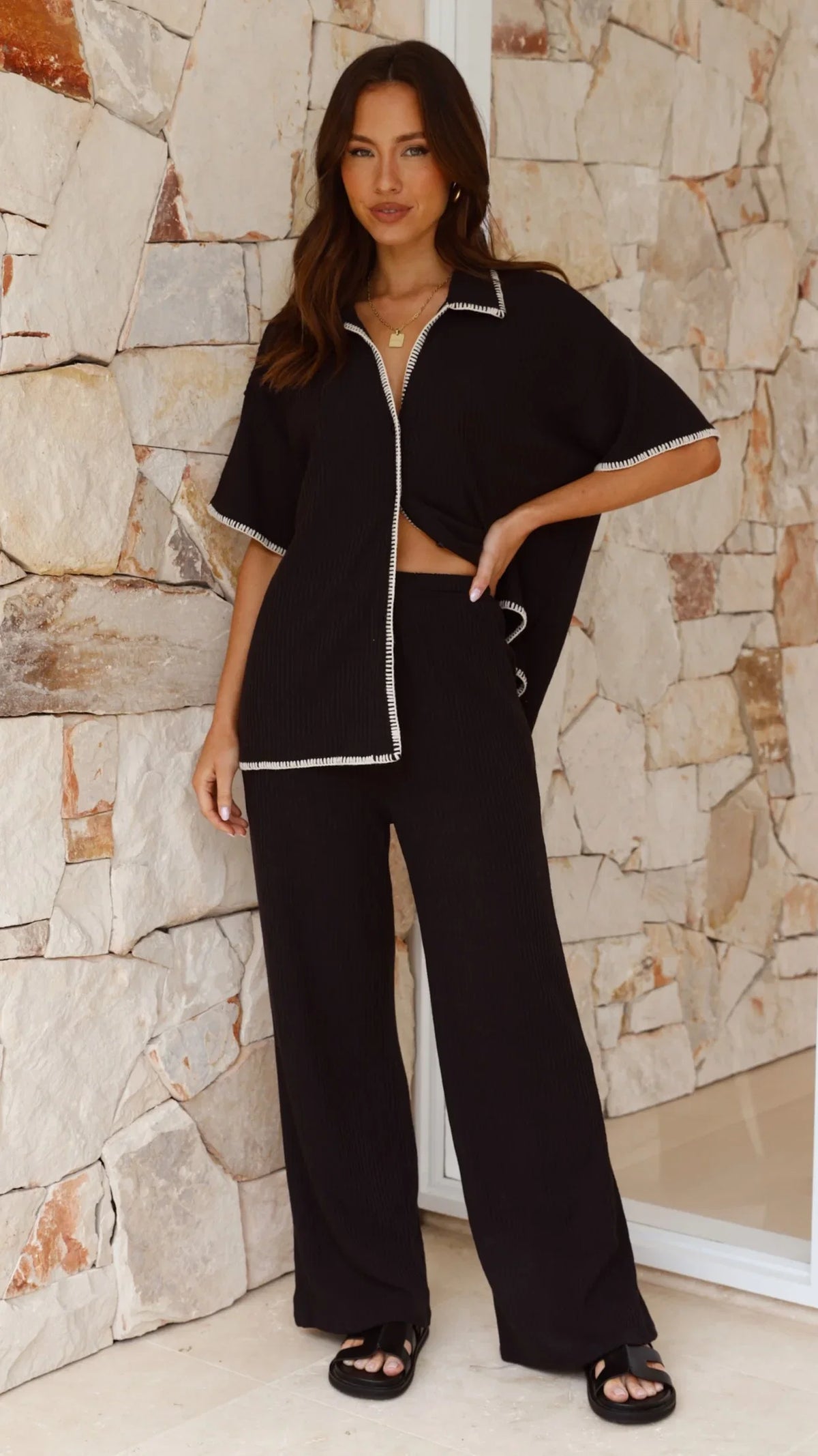 Madian Button Up Shirt and Pants Set Black