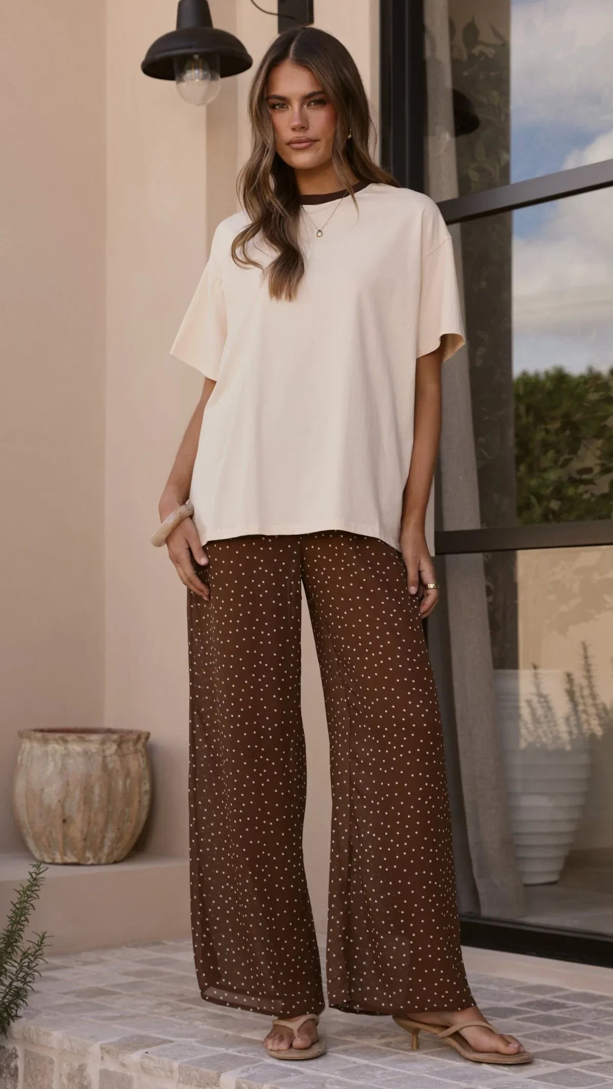 Zavier Oversized T Shirt and Polka Dot Pants Set Beige Chocolate