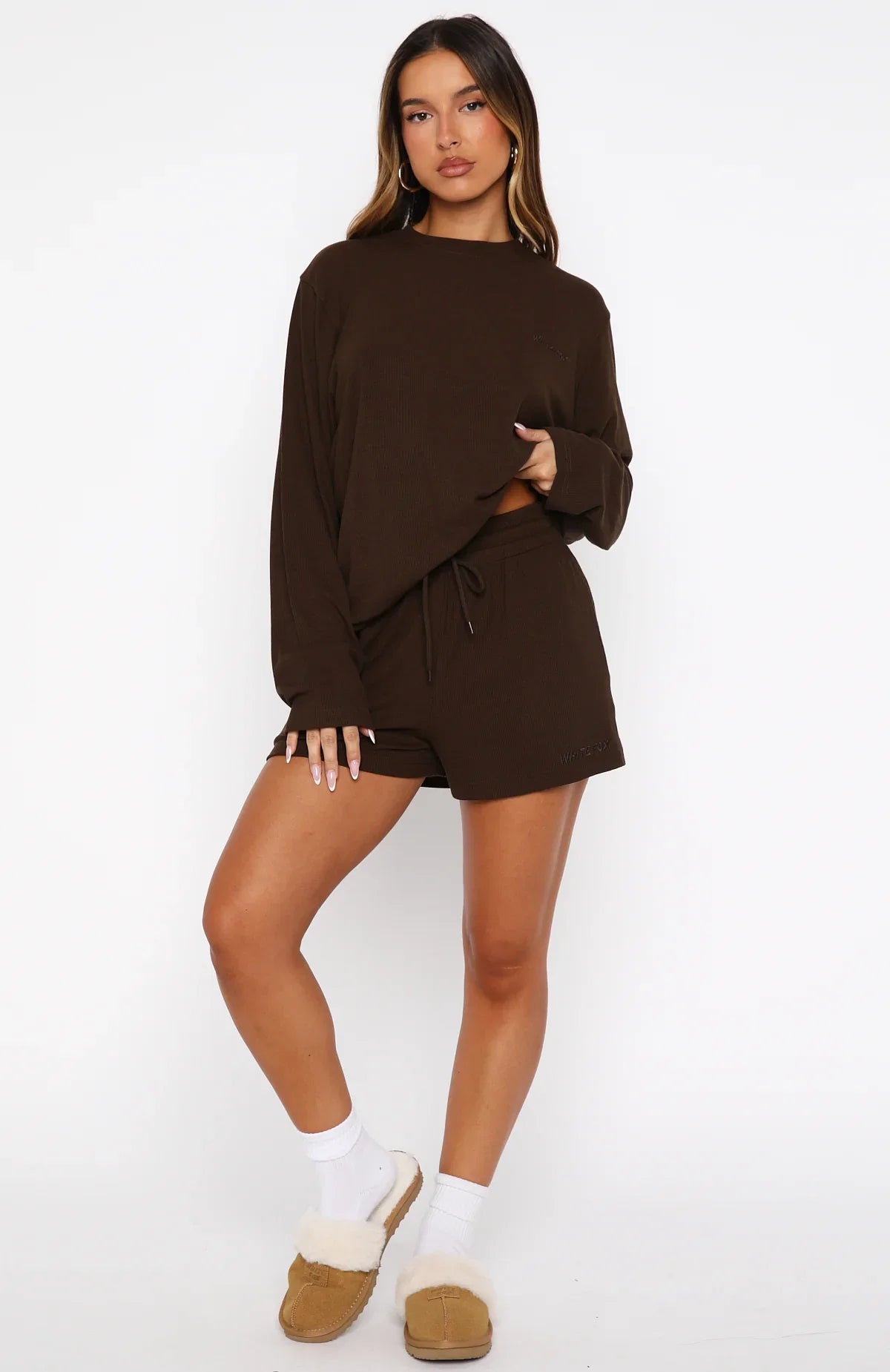 Come A Long Way Soft Lounge Ribbed Shorts Chocolate