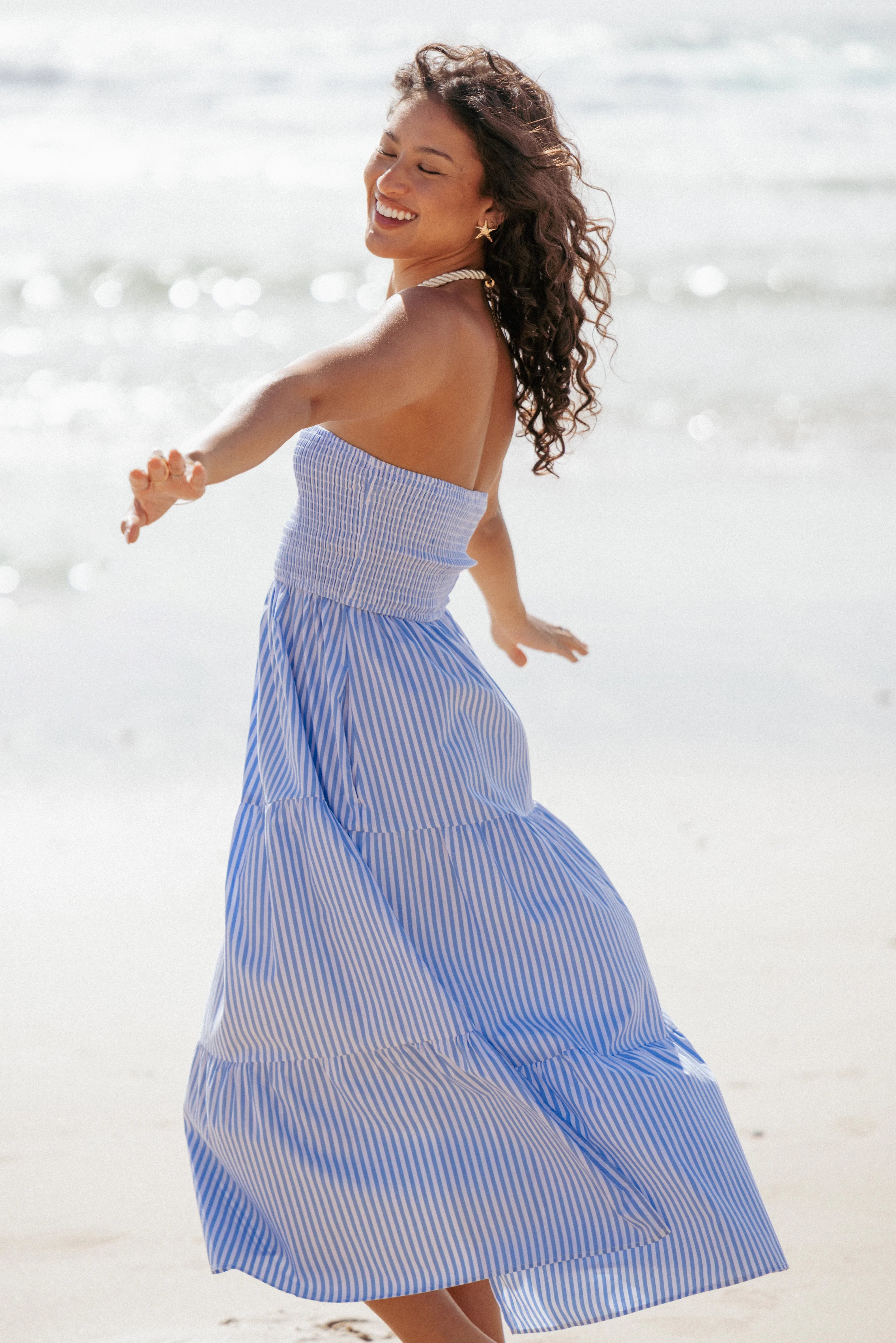Maisie Strapless Midi Dress Blue Stripe