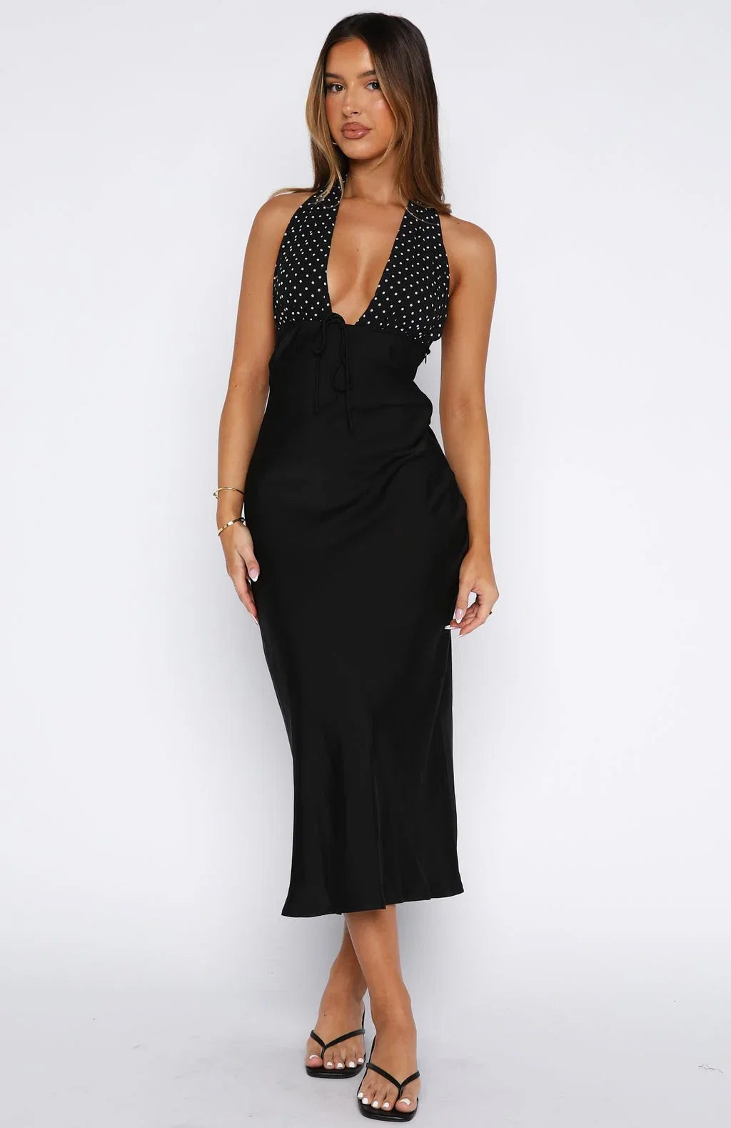 Guess You Miss Me Halter Midi Dress Black Ivory Dot