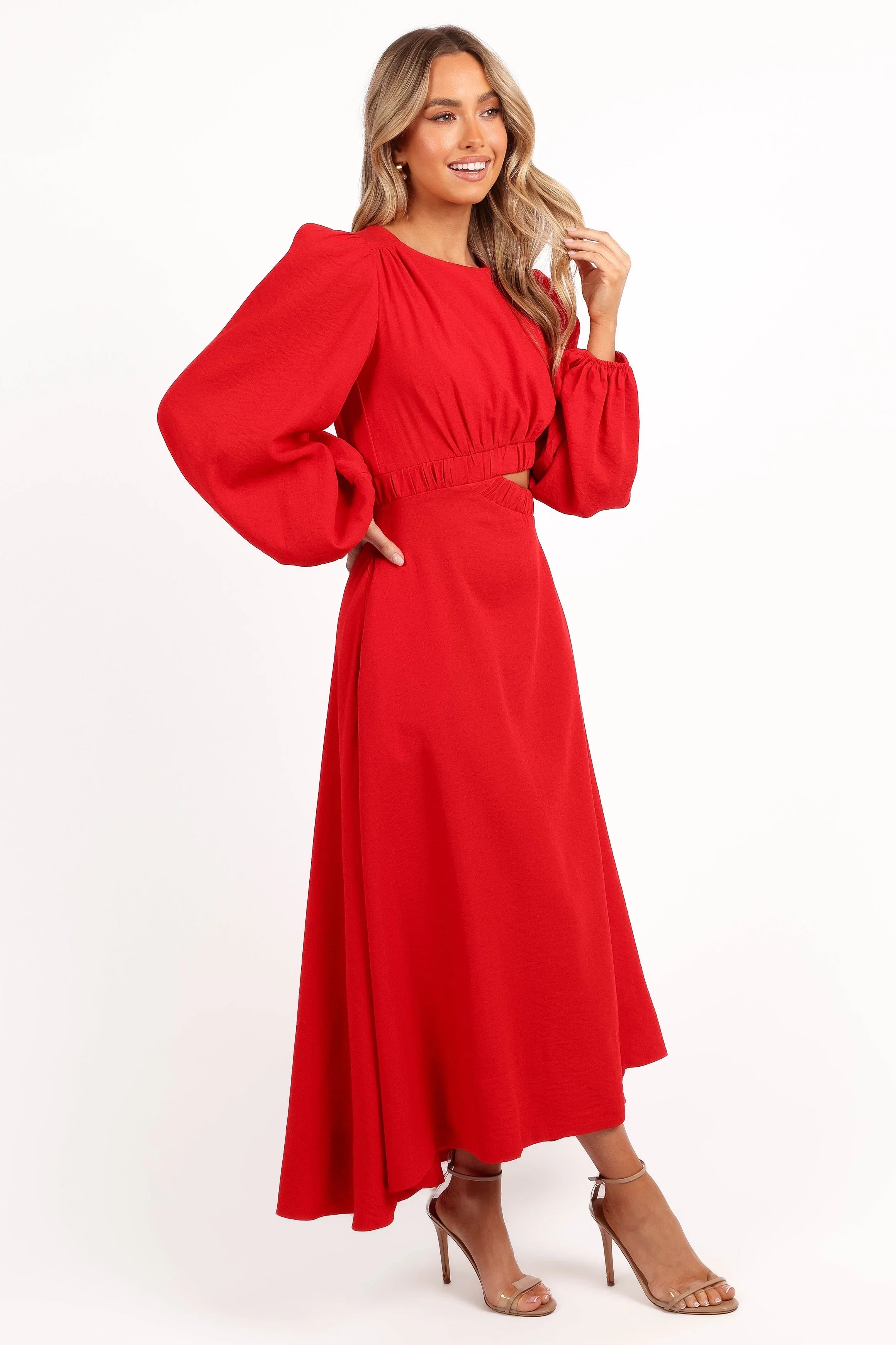 Ginnee Puff Sleeve Cutout Midi Dress Red