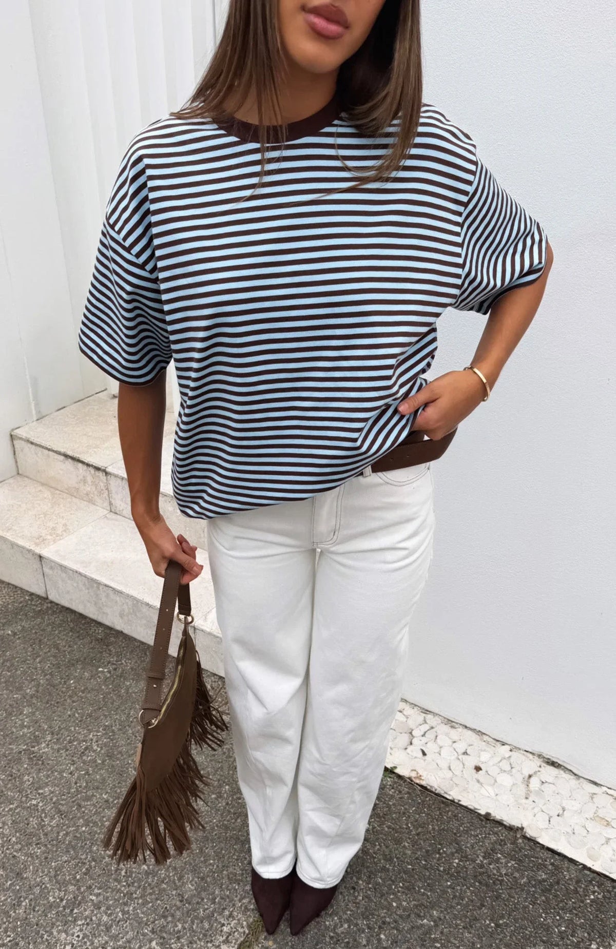 Touchdown Oversized Tee Choc Blue Stripe