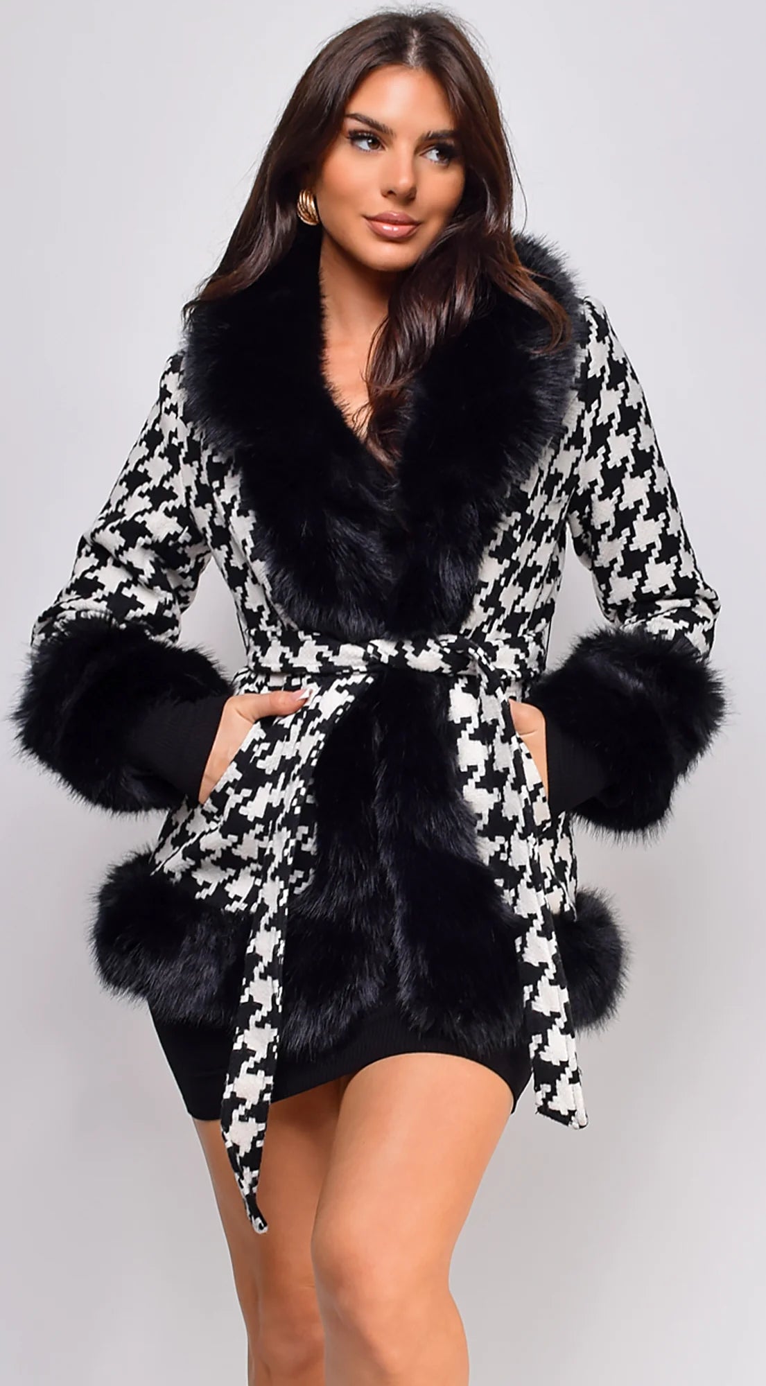 Korinna Houndstooth Faux Fur Coat Black