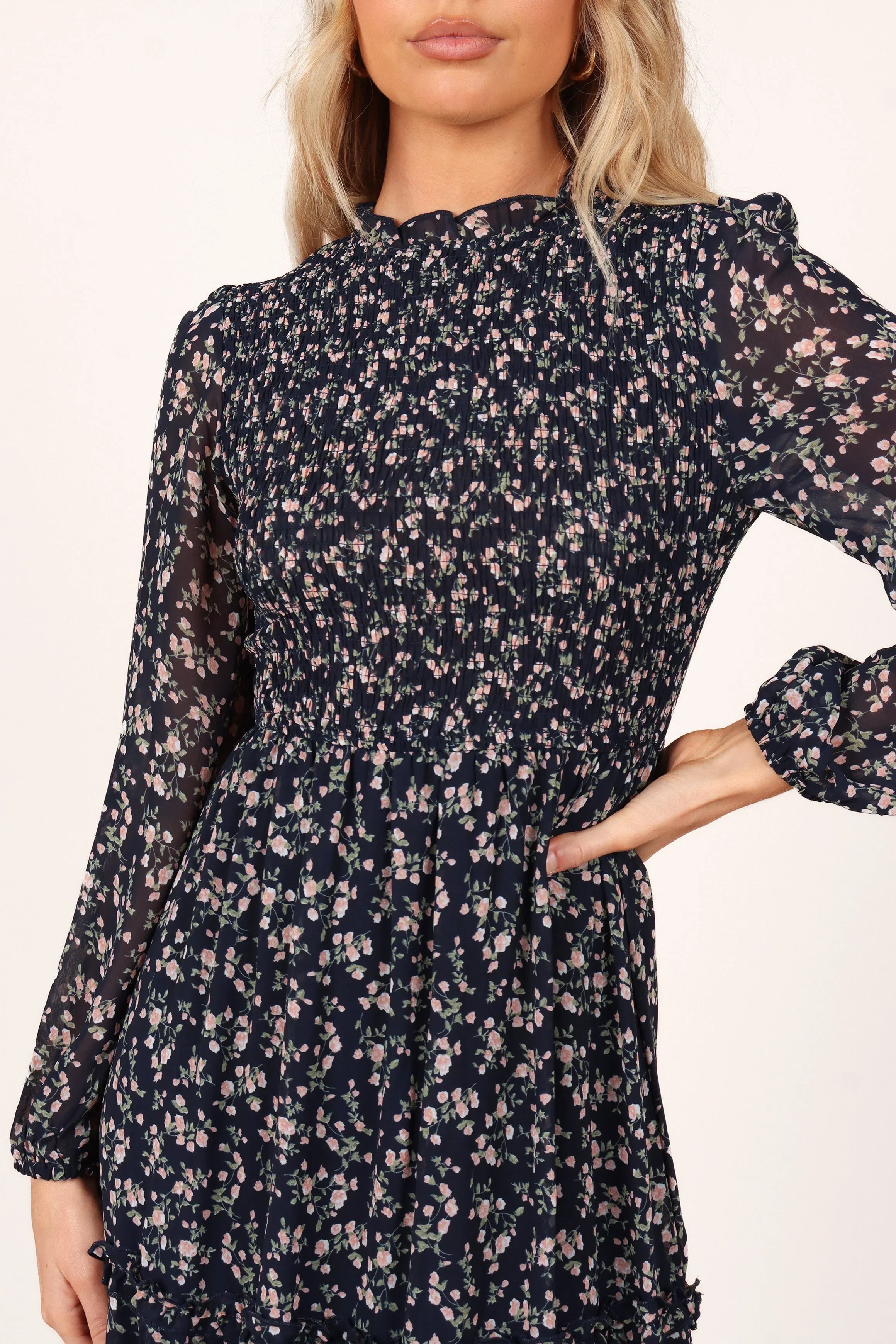 Edwina Shirred Frill Long Sleeve Midi Dress Navy Floral