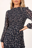 Edwina Shirred Frill Long Sleeve Midi Dress Navy Floral
