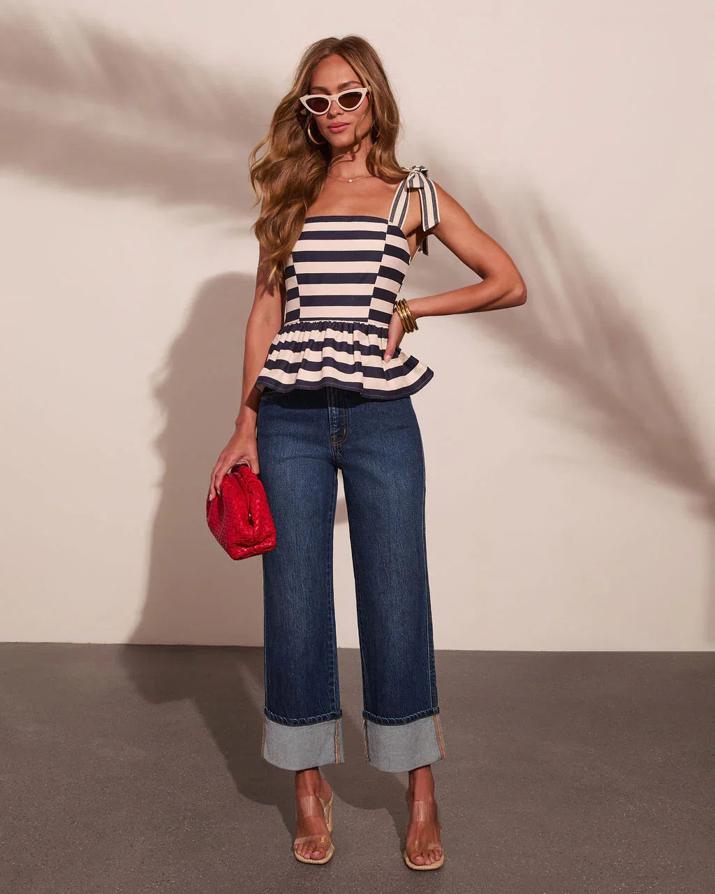 Golden Coast Striped Cotton Peplum Top