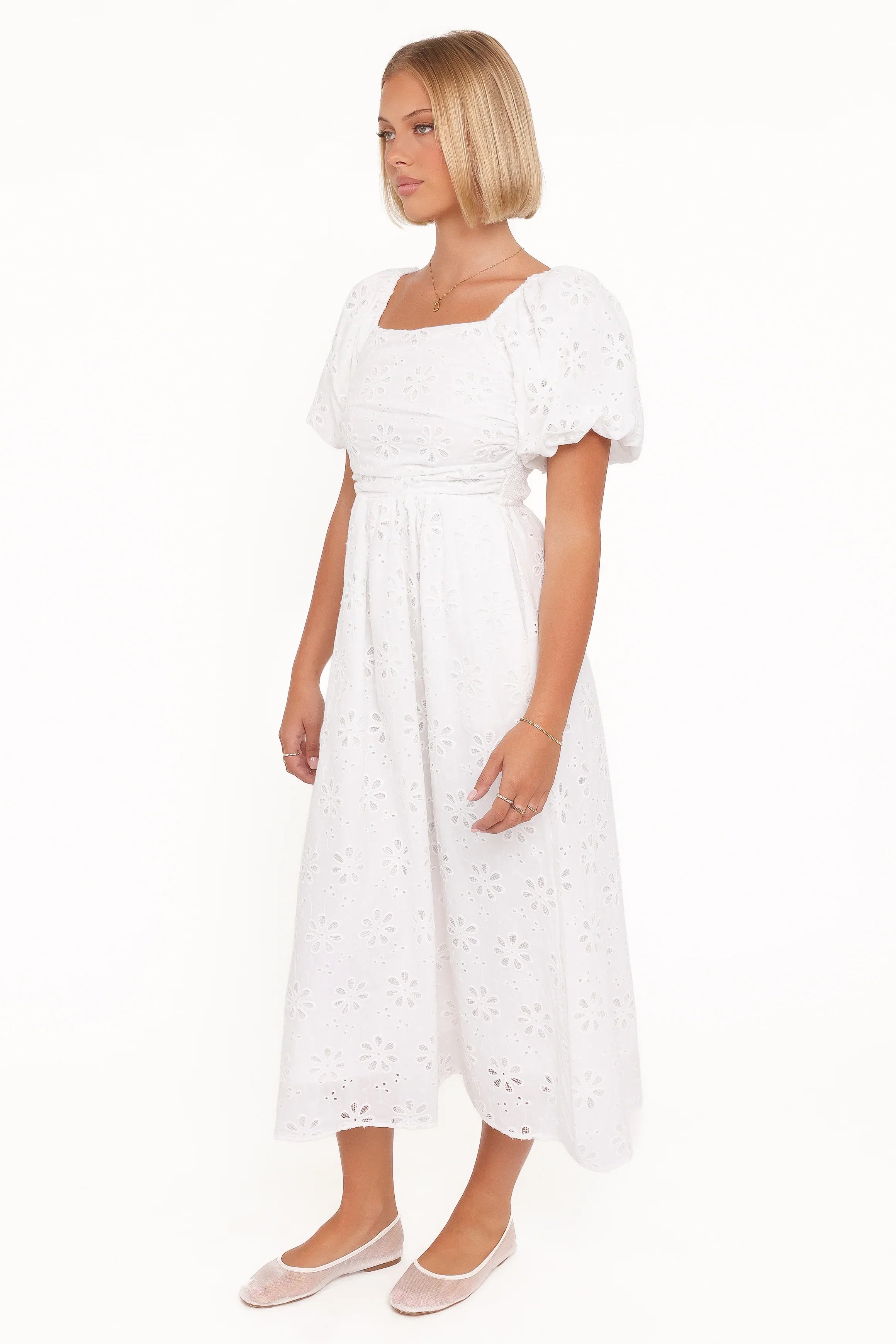 Clo Puff Sleeve Midi Dress White Broderie
