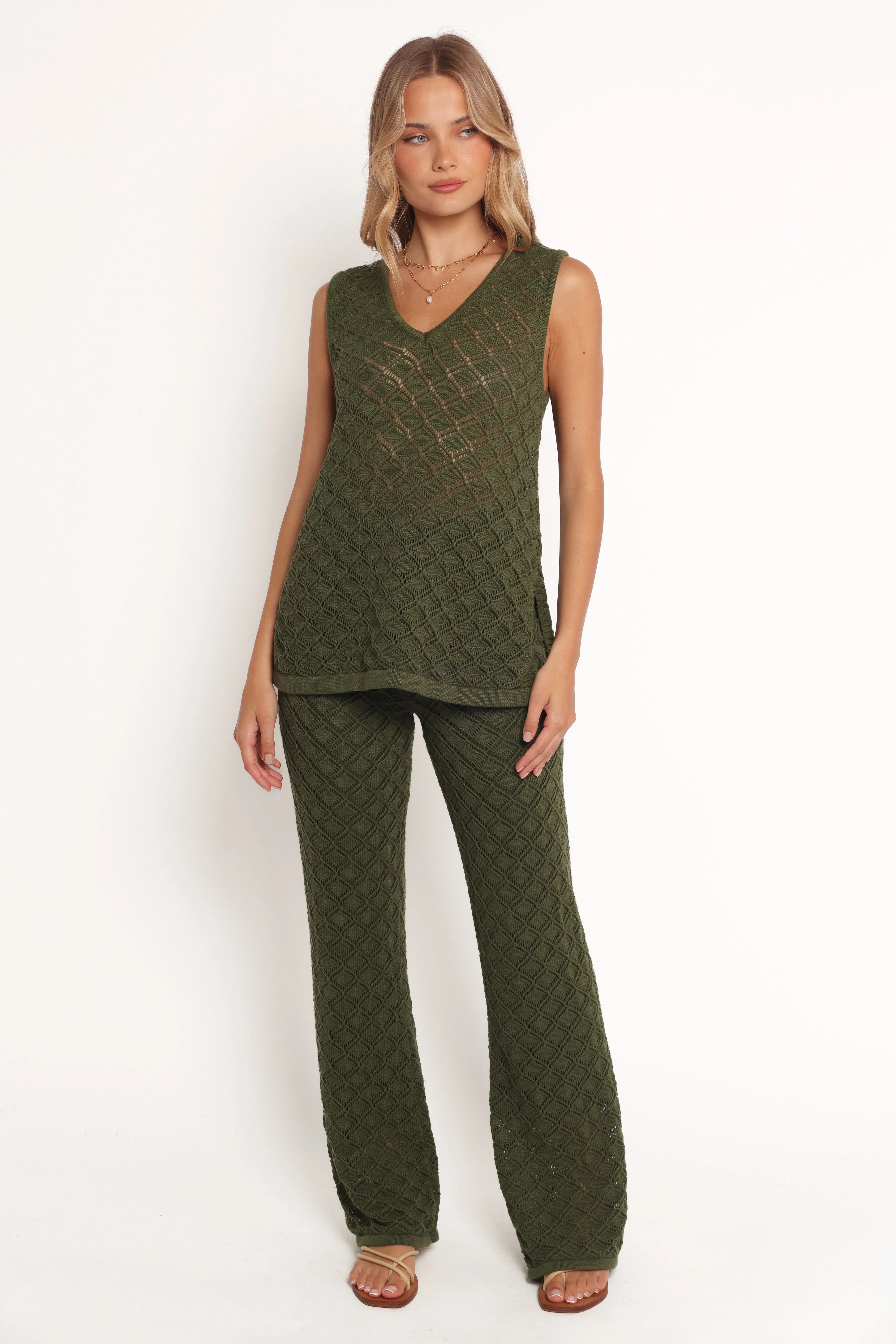 Fefe Textured Knit Pants Olive