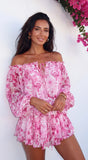 Romanella Peony Floral Off Shoulder Mini Dress Pink