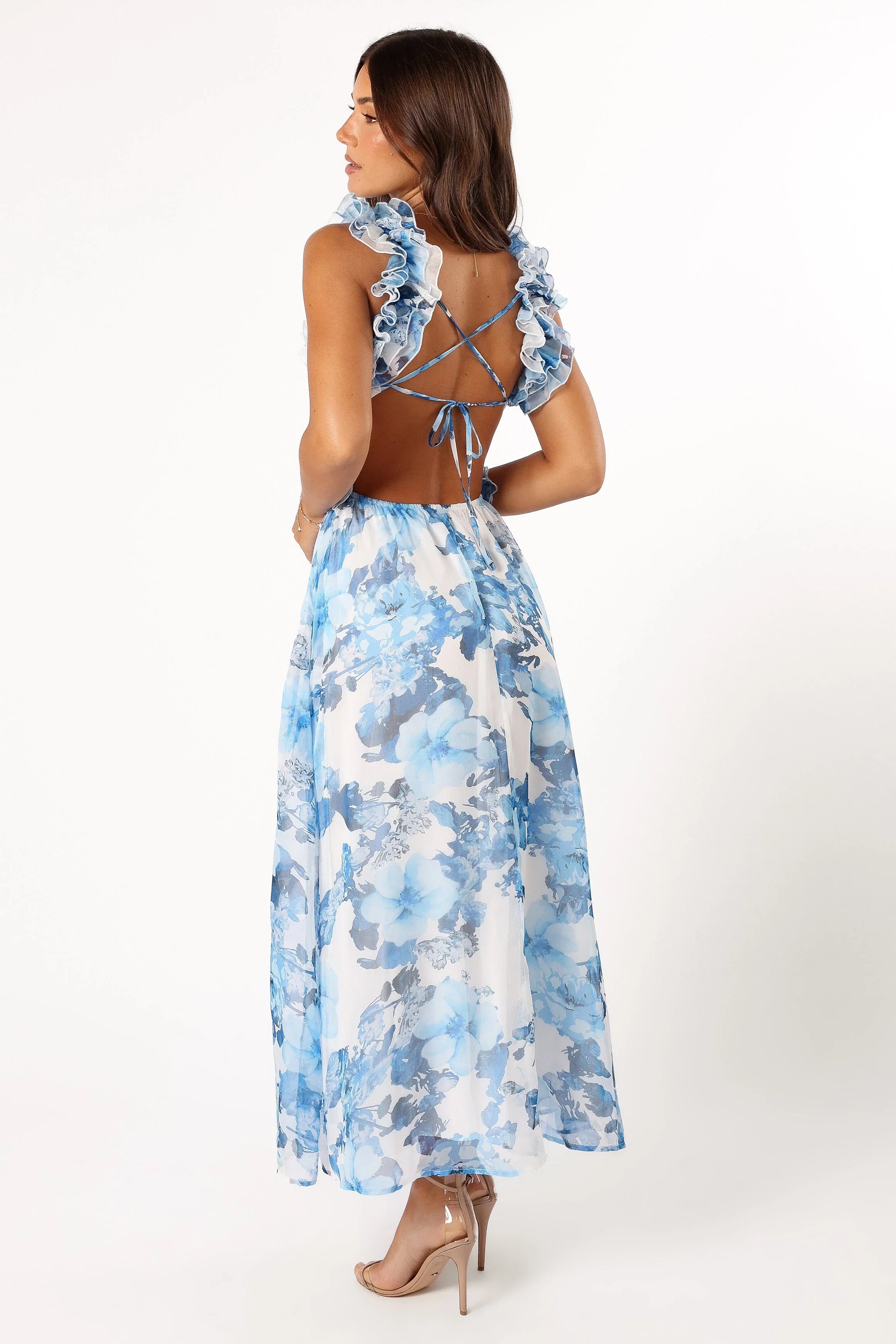 Lucah Frill Shoulder Maxi Dress Blue White Floral