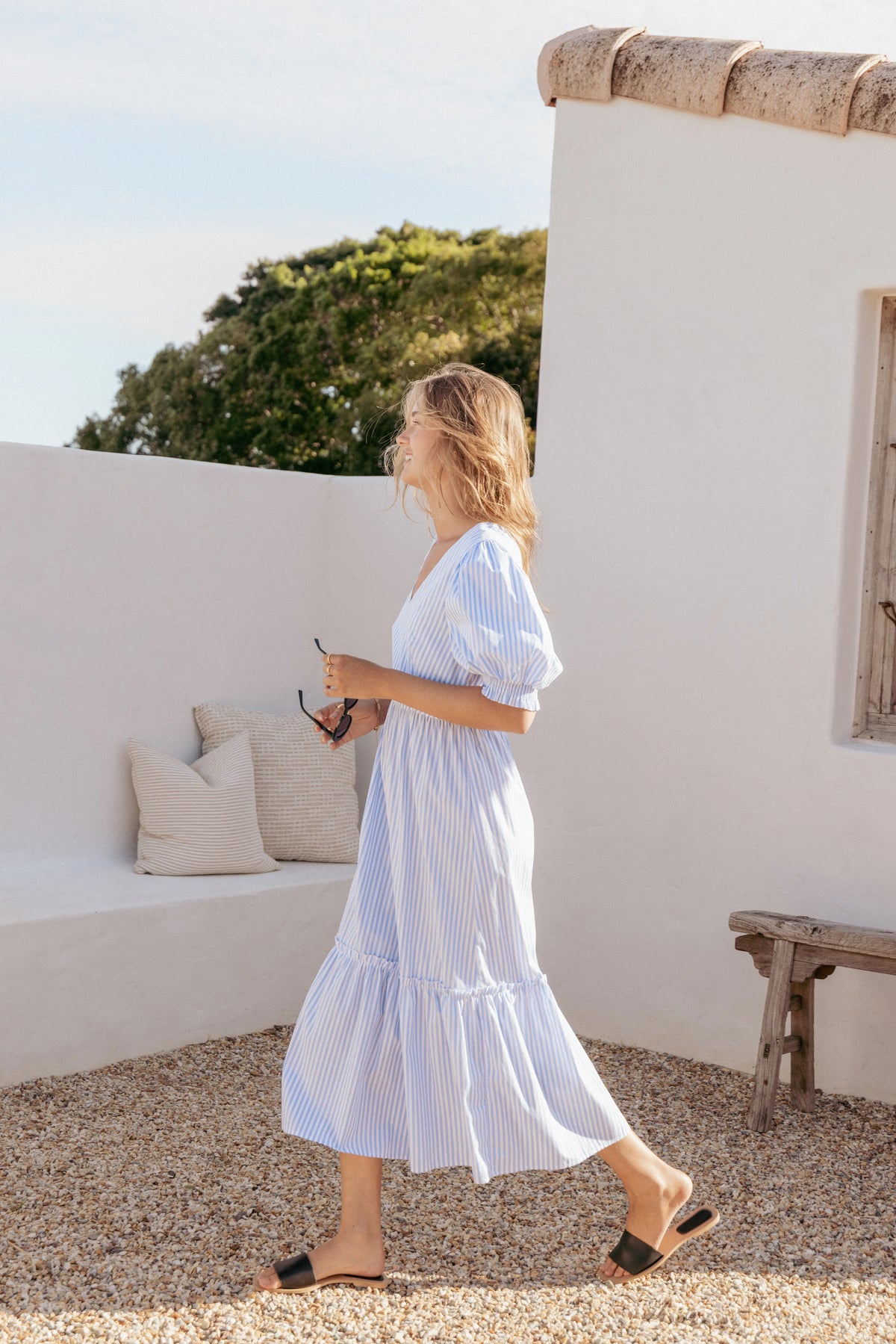 Steele Puff Sleeve Midi Dress Blue Stripe
