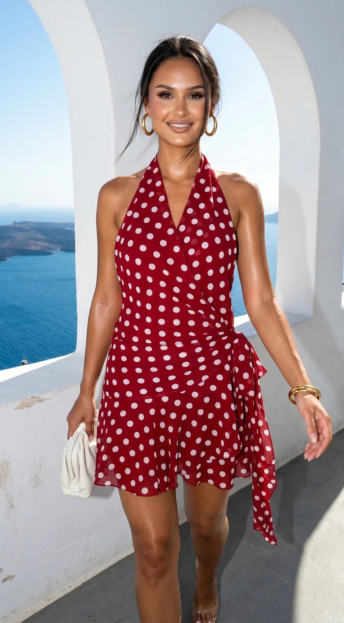 Amour Polka Dot Wrap Mini Dress Red