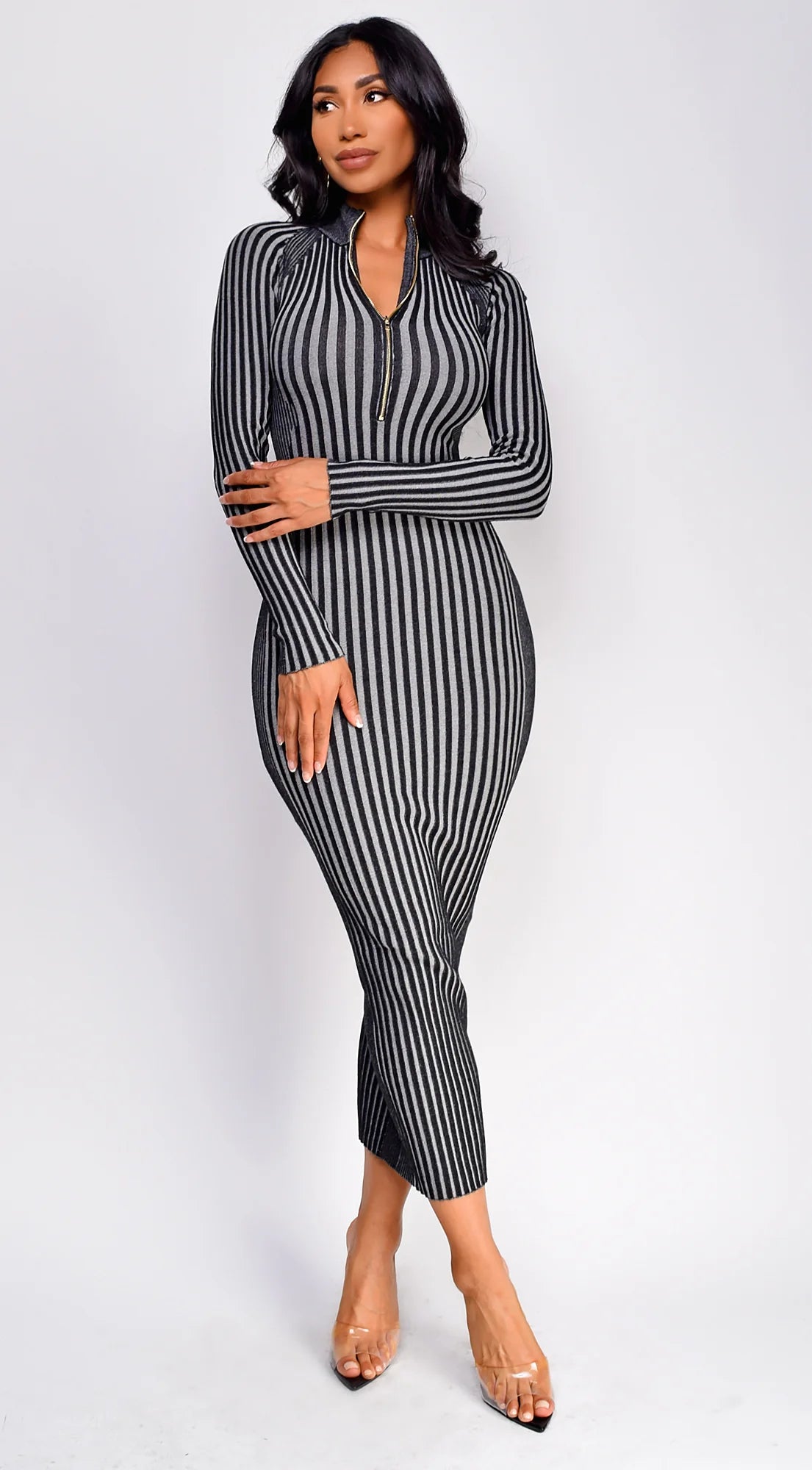 Amara Two Tone Front Zipper Maxi Dress Gray