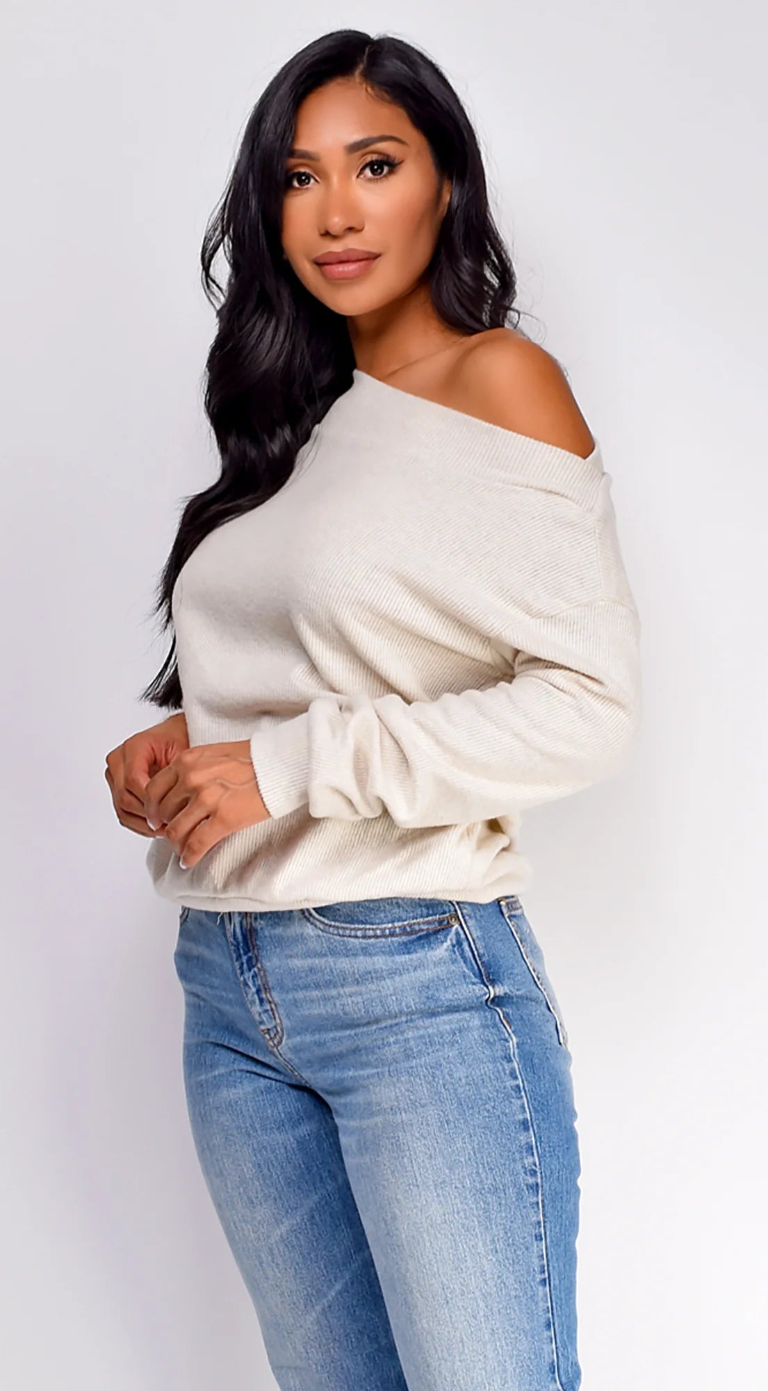 Edna Off Shoulder Sweater Top Cream
