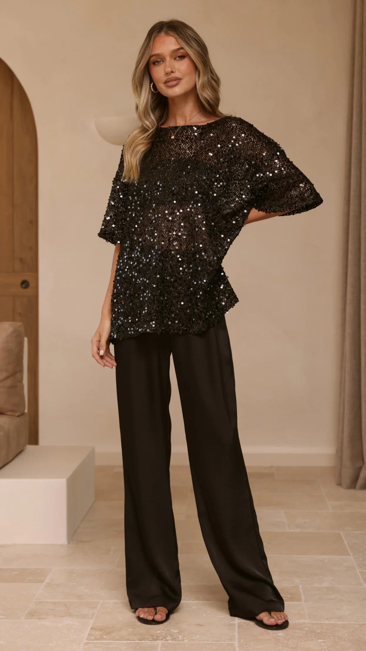 Varni Oversized Sequins Tee Black