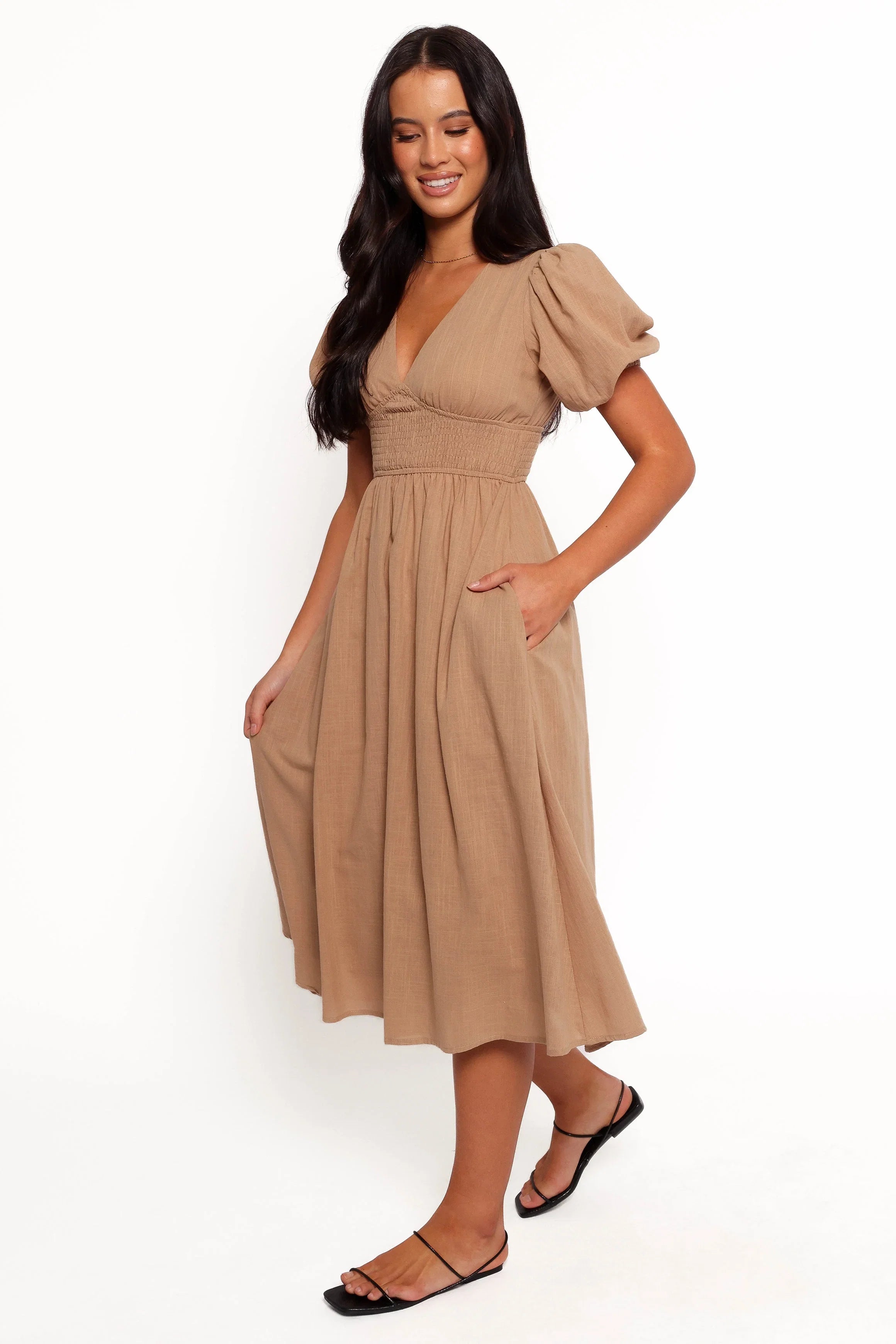 Ronnie Short Sleeve Midi Dress Tan