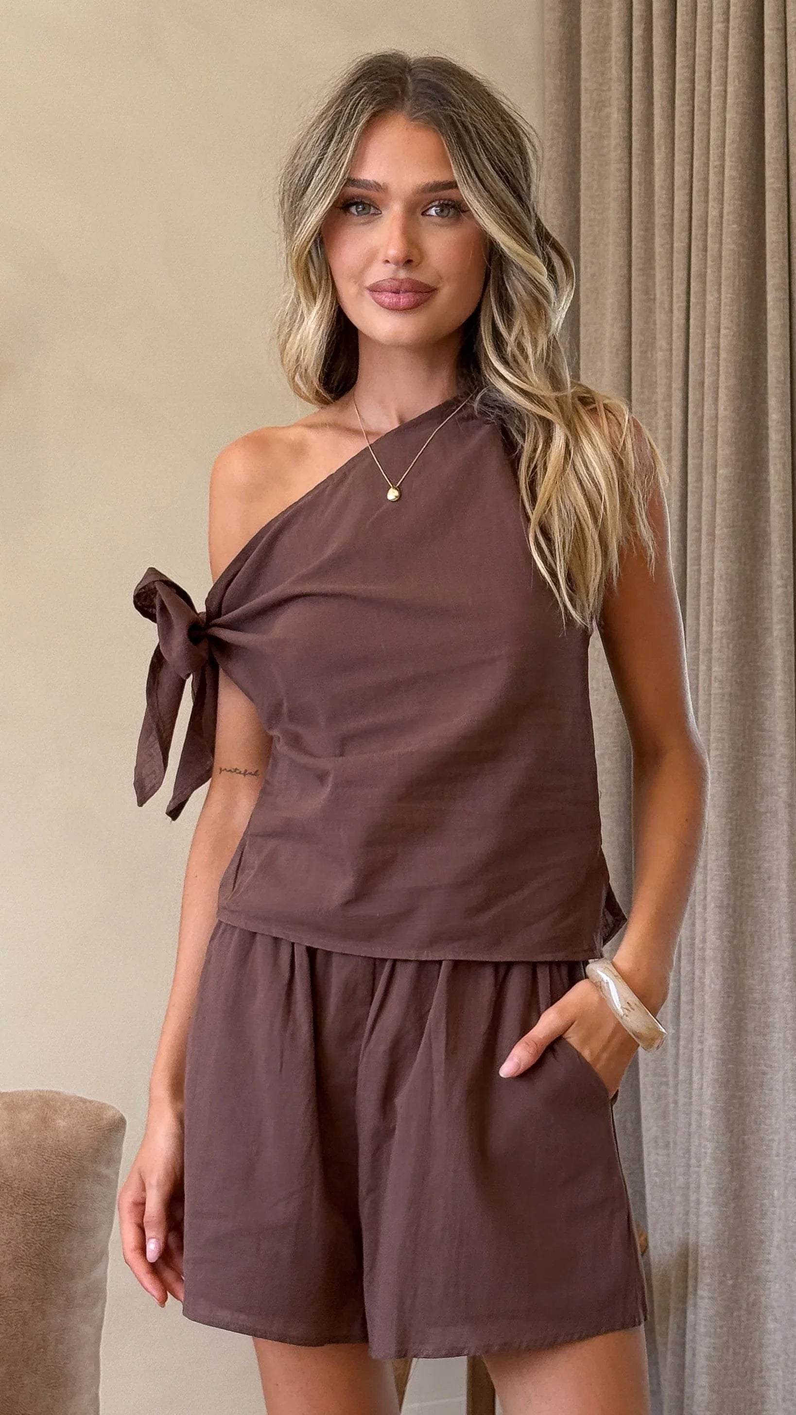Zahavah Off Shoulder Top and Shorts Set Chocolate