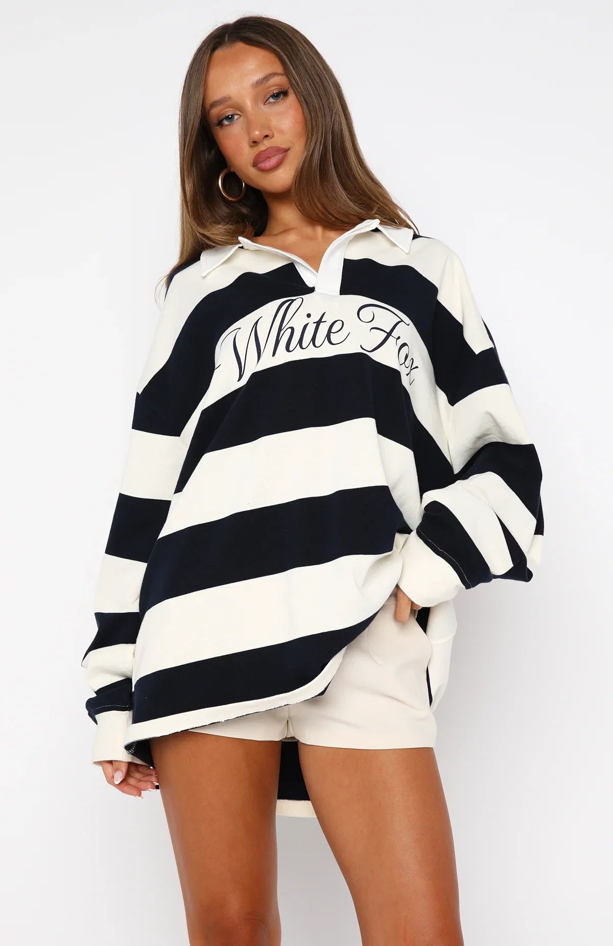 My Reality Striped Long Sleeve Rugby Shirt Navy Cream Stripe