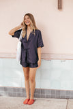 Aaliyah Chambray Tie Front Top Dark Wash