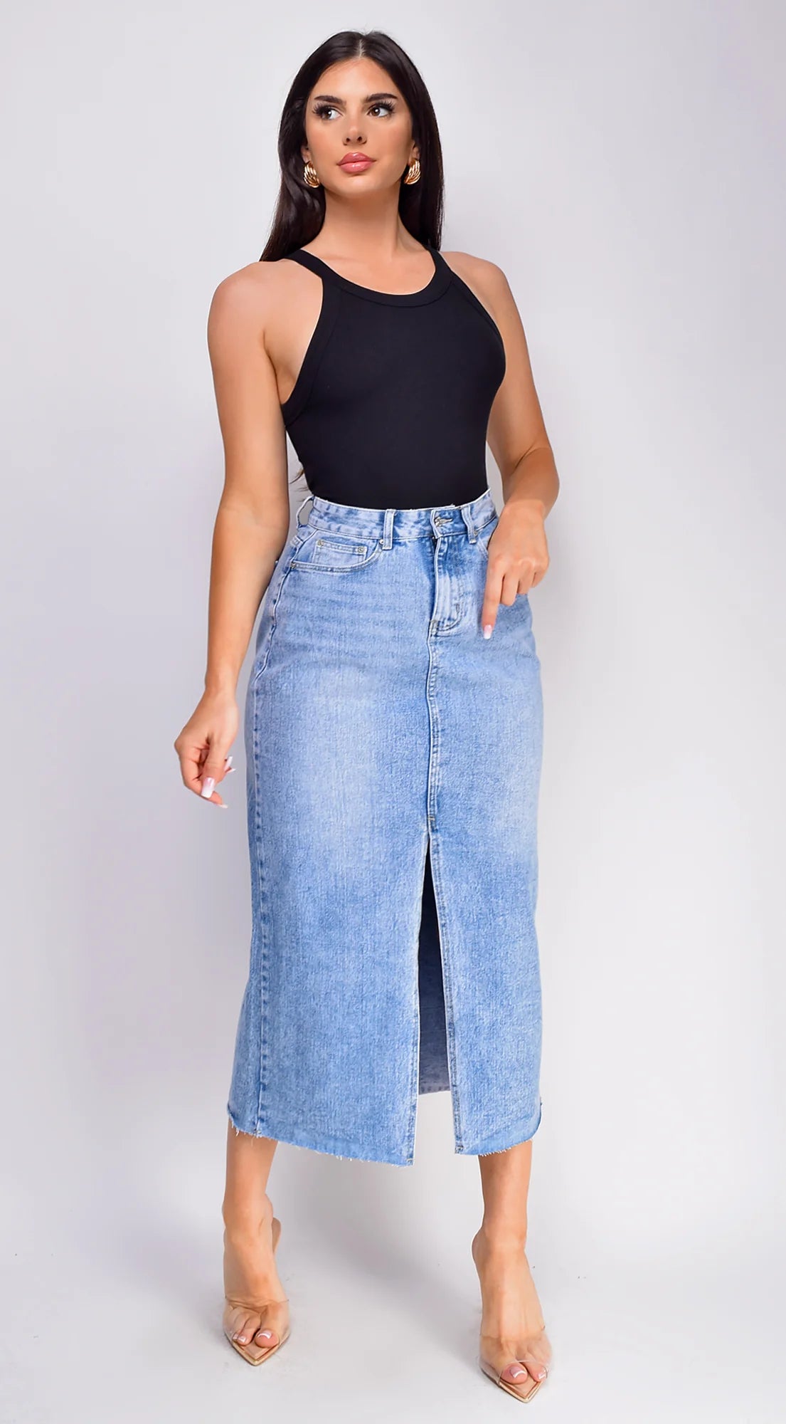 Frances High Rise Denim Midi Skirt Blue