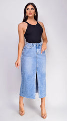 Frances High Rise Denim Midi Skirt Blue