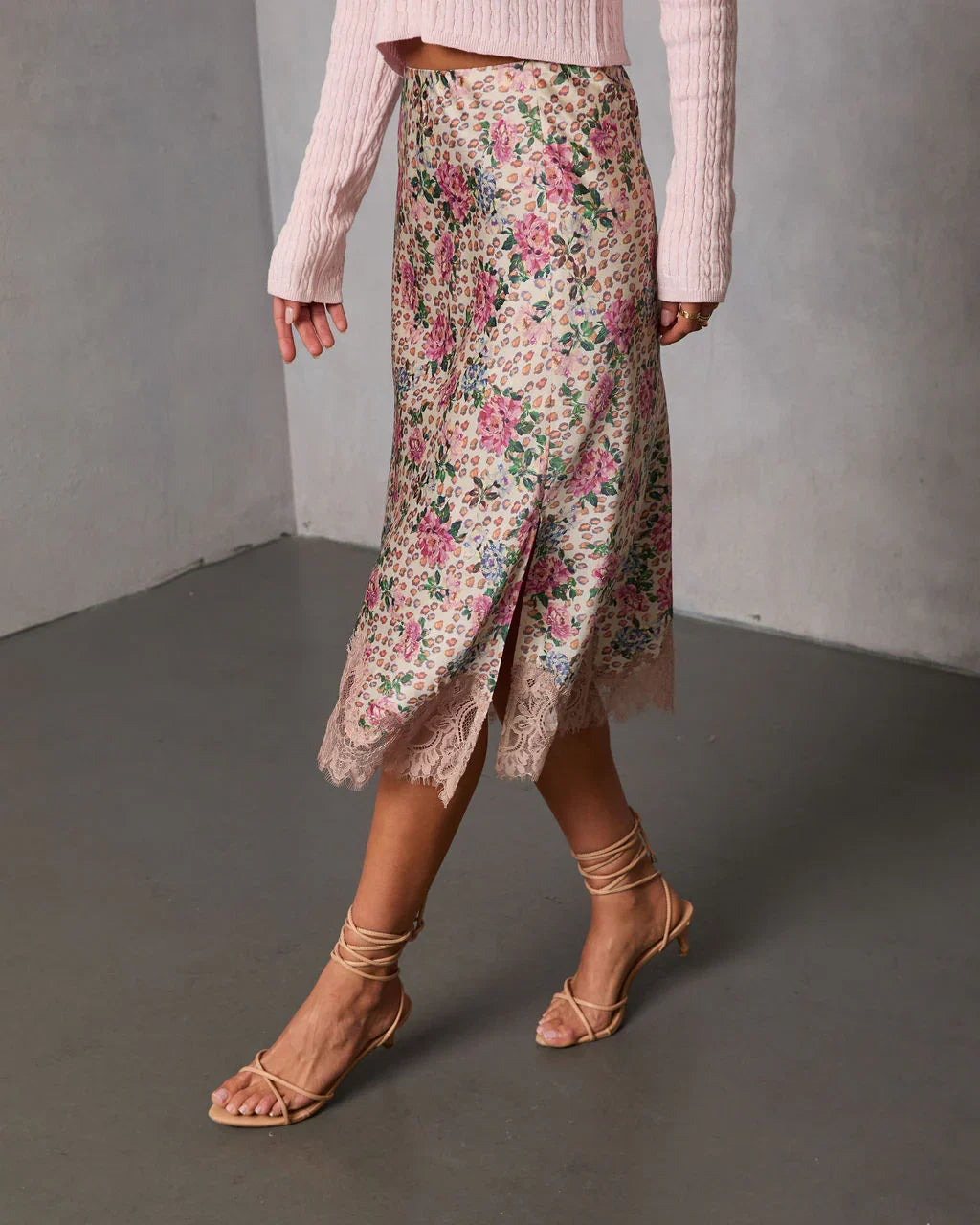 Oleandra Satin Lace Trim Midi Skirt