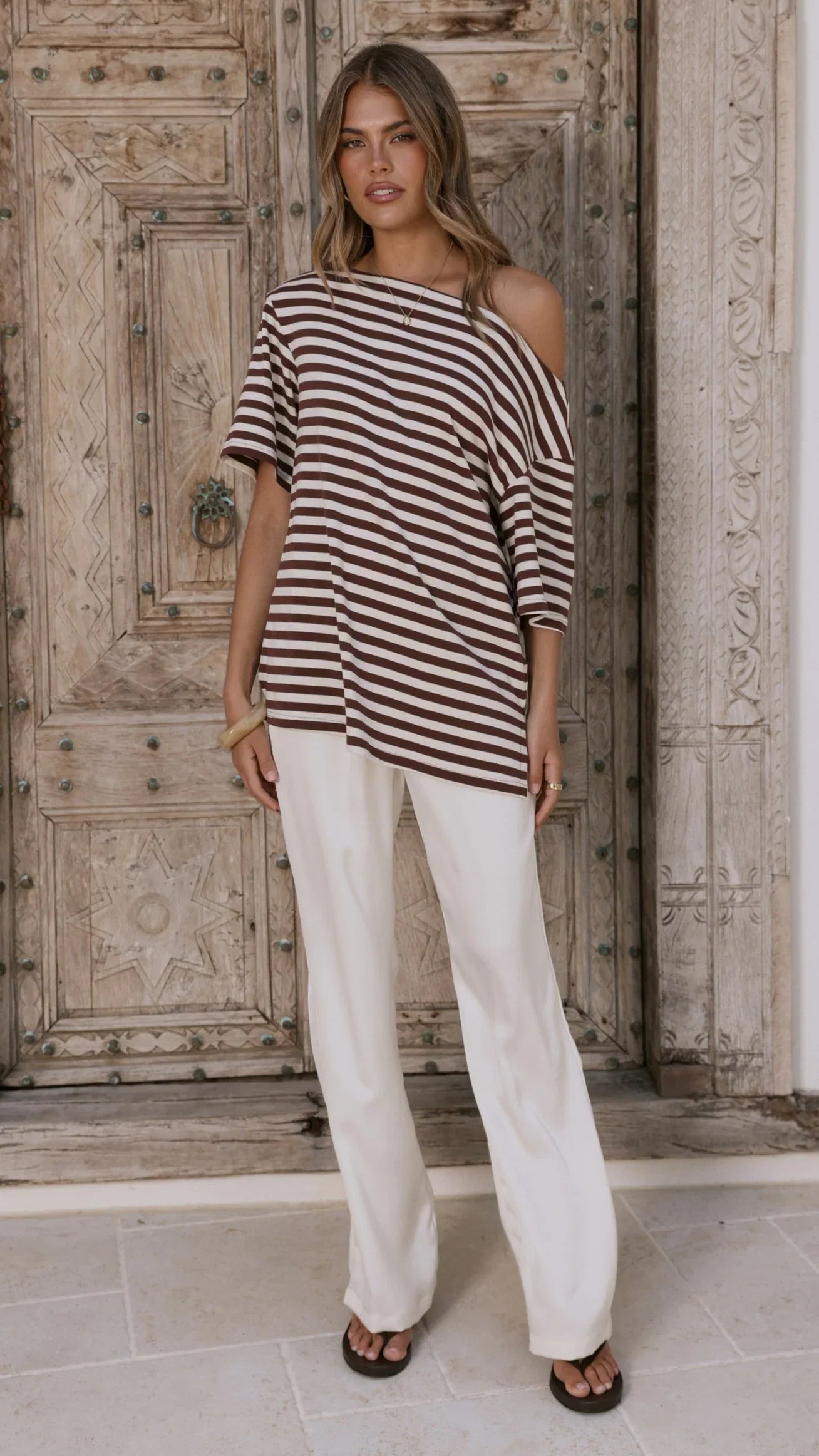 Pia One Shoulder Oversize Tee Choc White Stripe