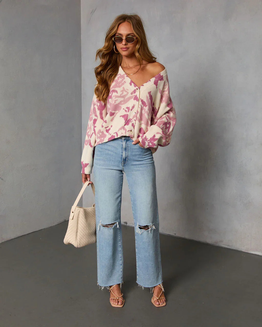 Honeyed Timber Knit Printed Cardigan
