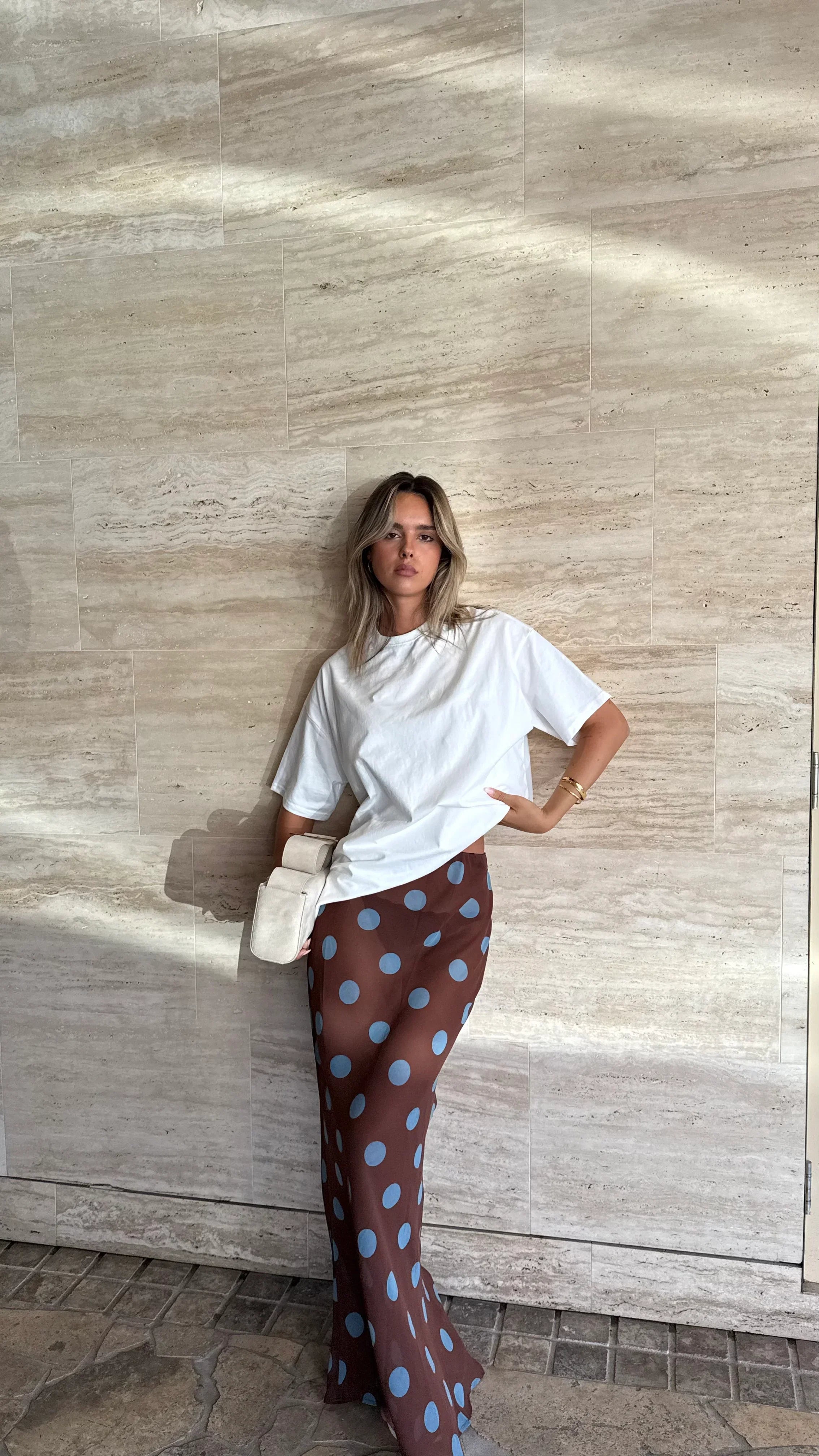 Yumi Oversized Tee and Sheer Skirt Set White Brown Blue Polka
