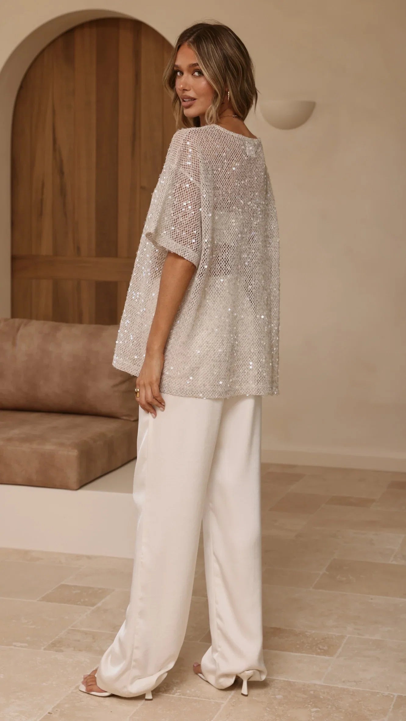 Varni Oversized Sequins Tee Beige