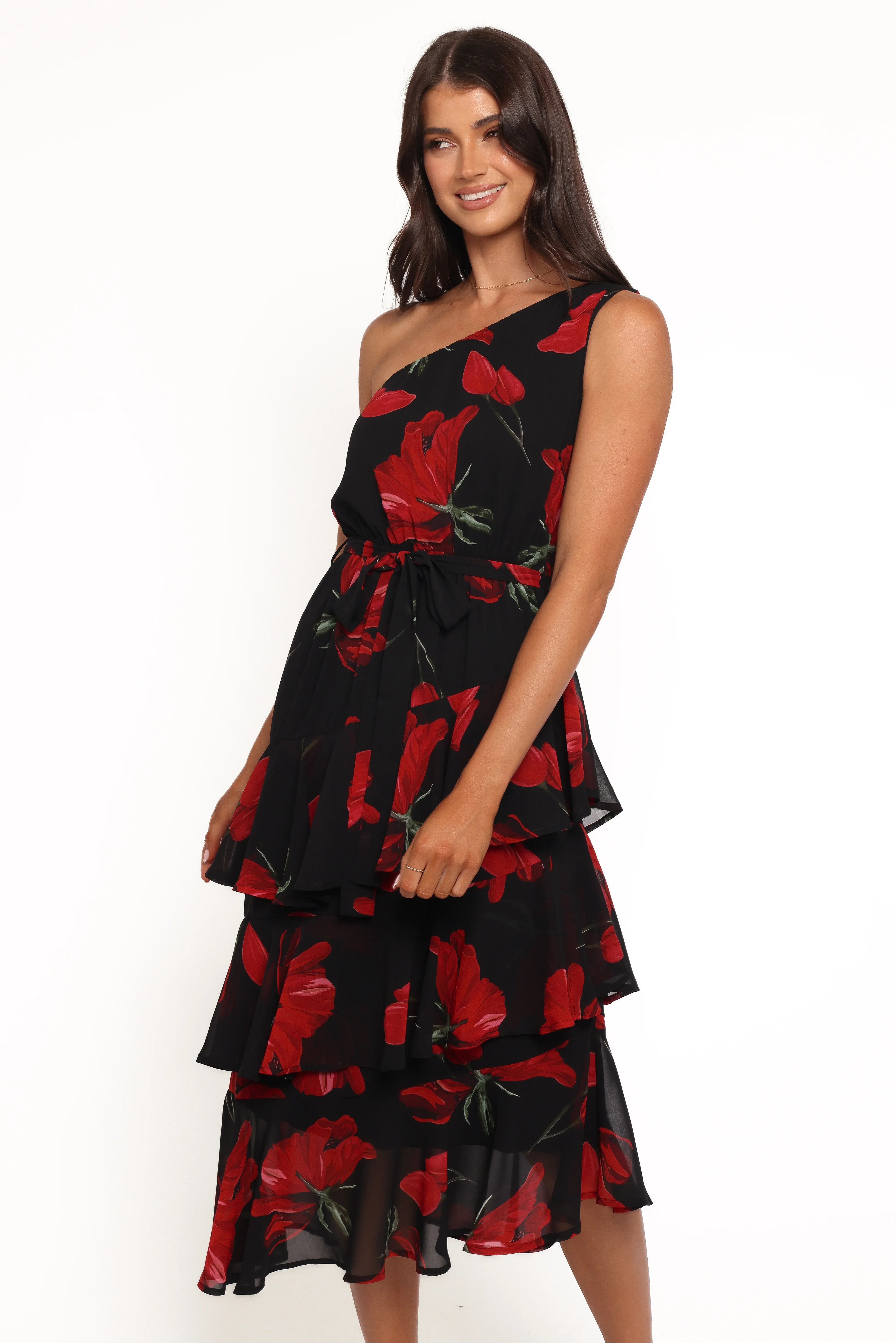 Brigette One Shoulder Tiered Midi Dress Red Floral
