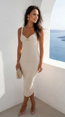Veroniqa Ribbed Knit Sweetheart Midi Dress Beige