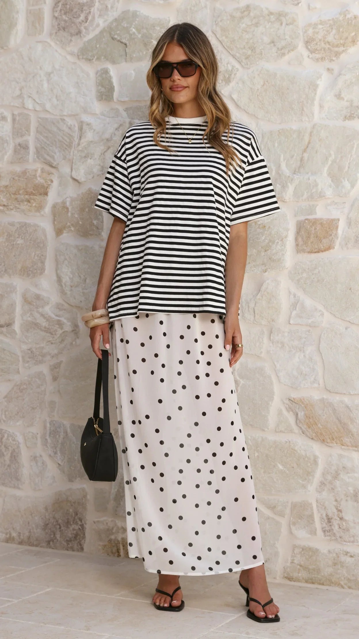 Elisha T Shirt and Sheer Maxi Skirt Set Black White Stripe and Polka Dot