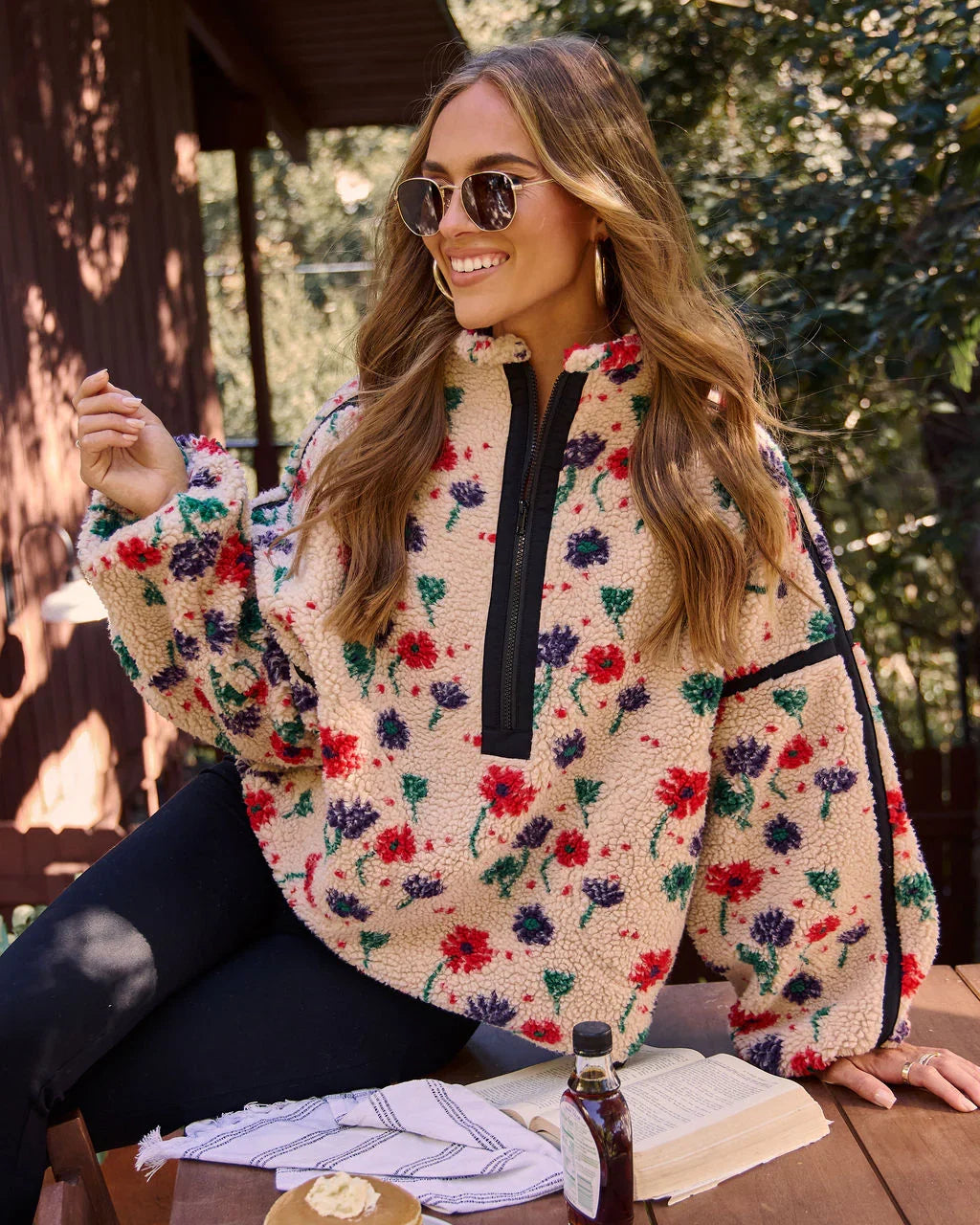 Pauleen Sherpa Floral Quarter Zip Sweatshirt