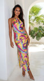 Joviana Abstract Halter Satin Maxi Dress Yellow Multi