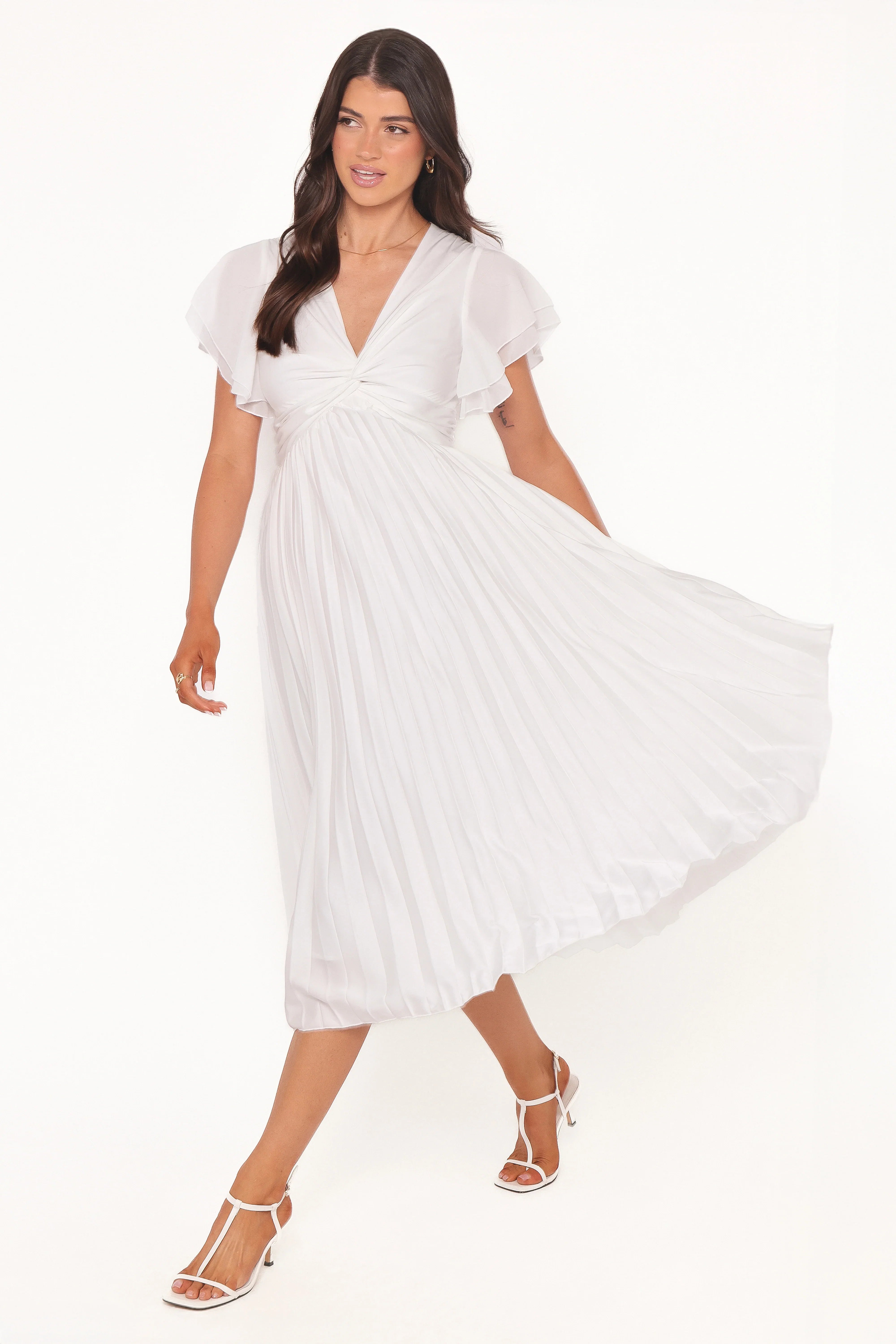 Nova Flutter Sleeve Midi Dress White