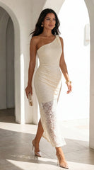 Solvèra Lace One Shoulder Midi Dress Pale Yellow