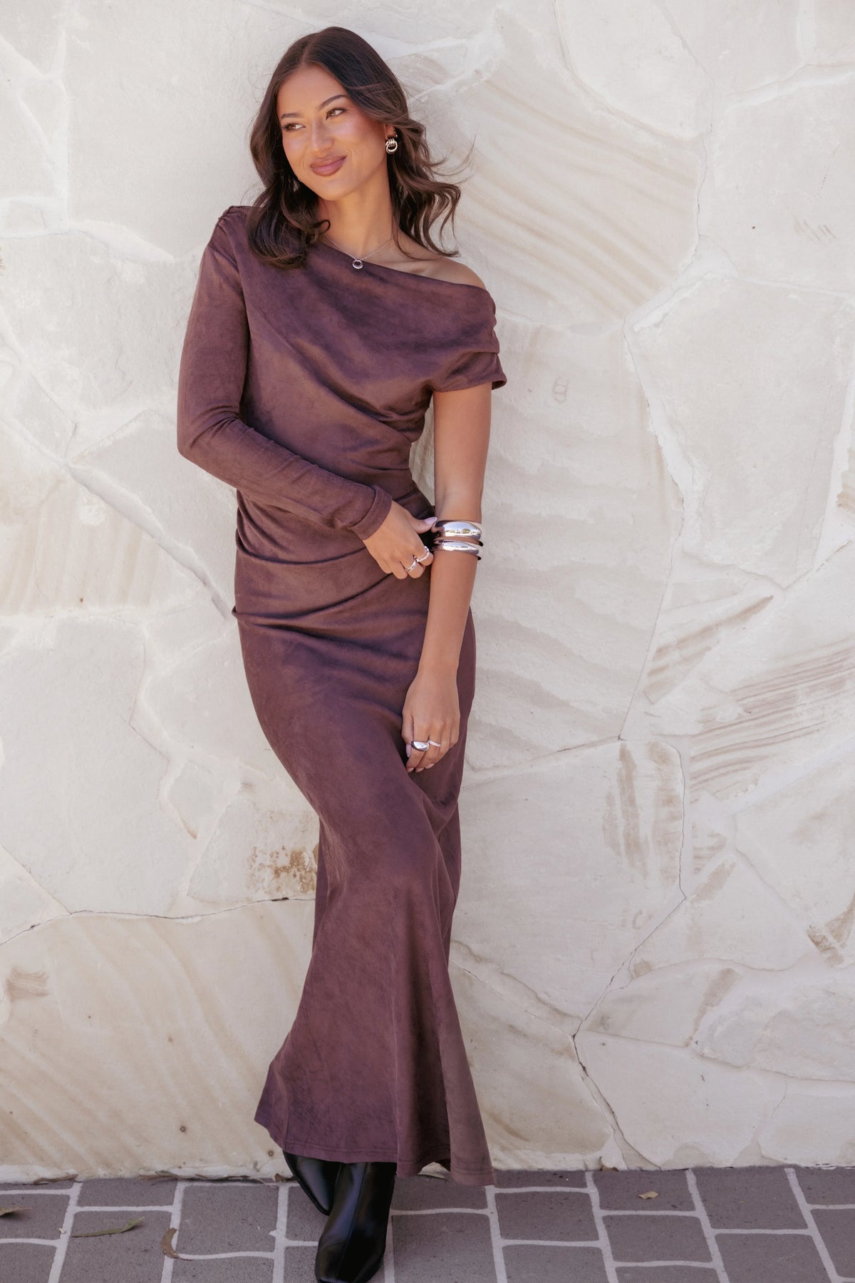 Olympia Off Shoulder Maxi Dress Chocolate