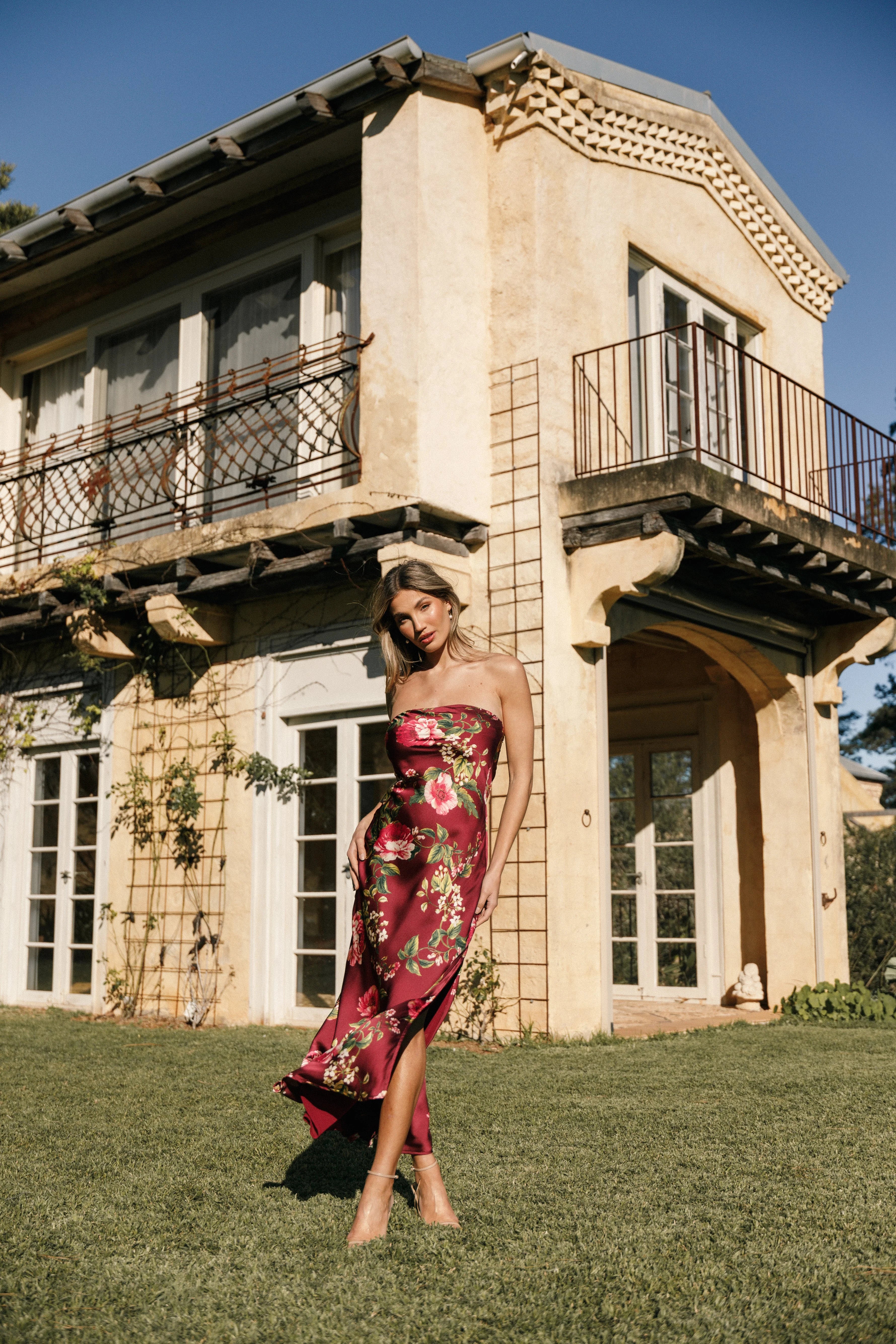 Bryden Maxi Strapless Dress Burgundy Floral