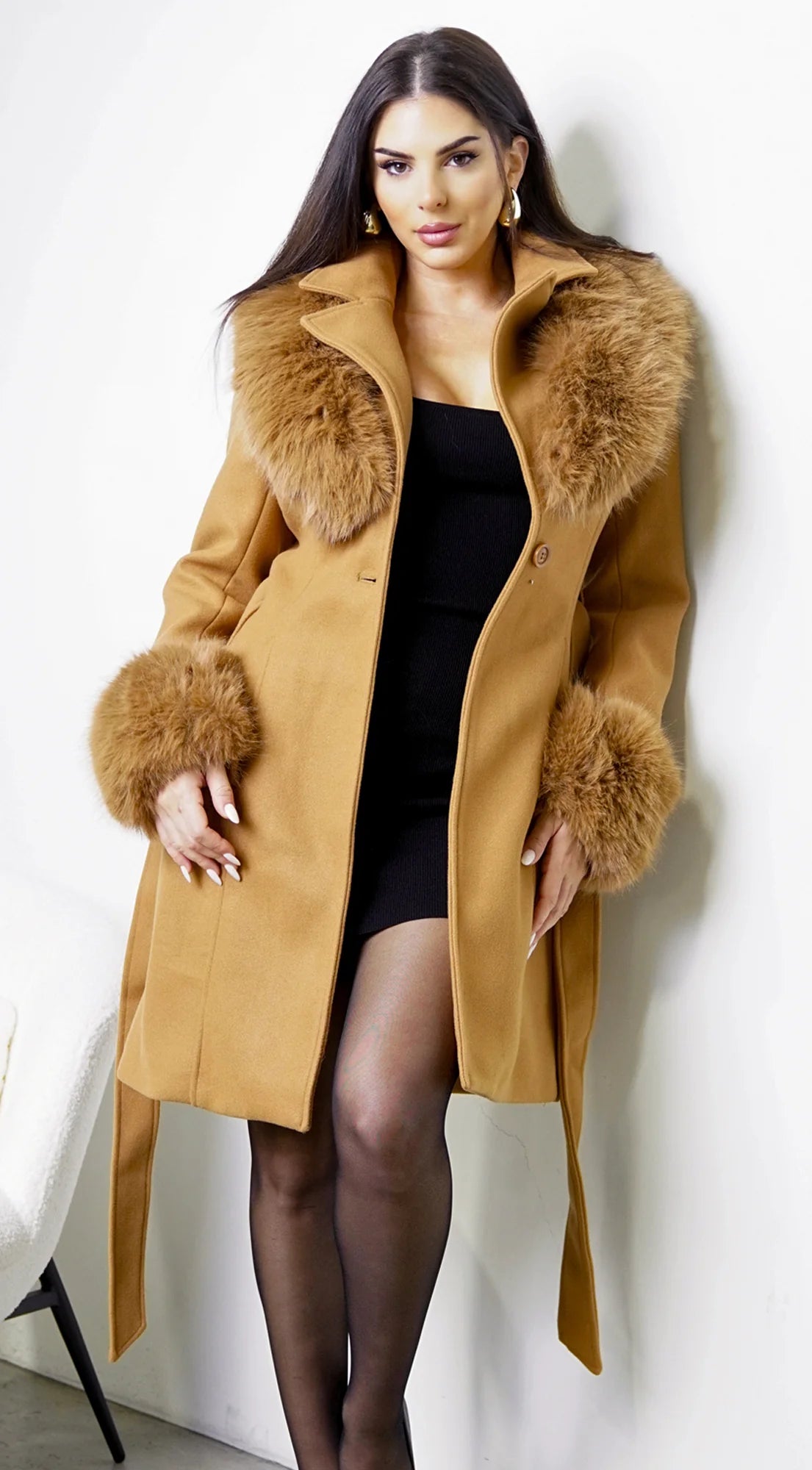 Sorrel Faux Fur Belted Coat Khaki