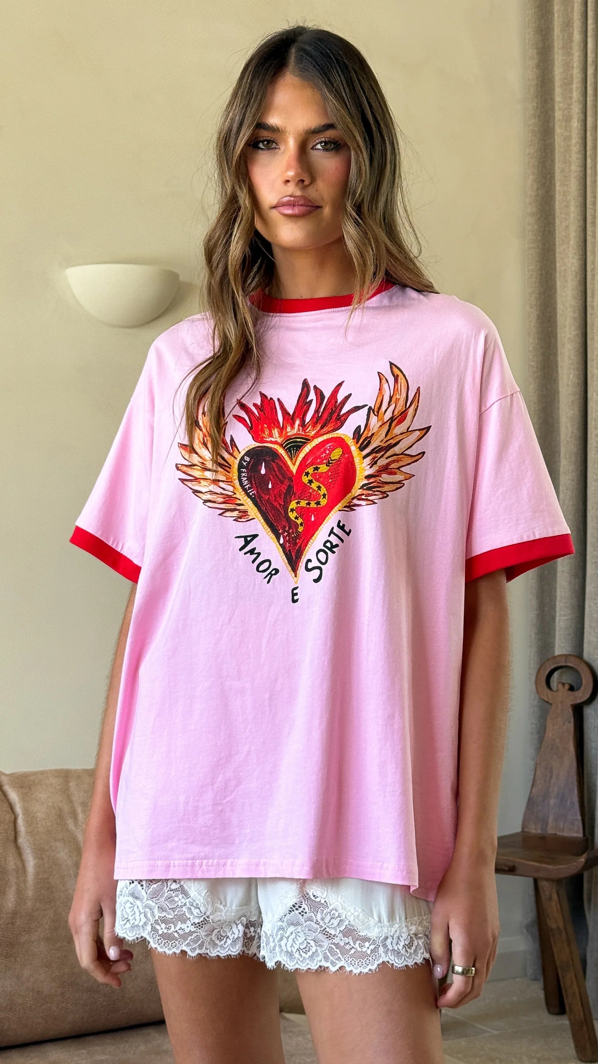 Amor E Sorte Oversized Tee Pink Red