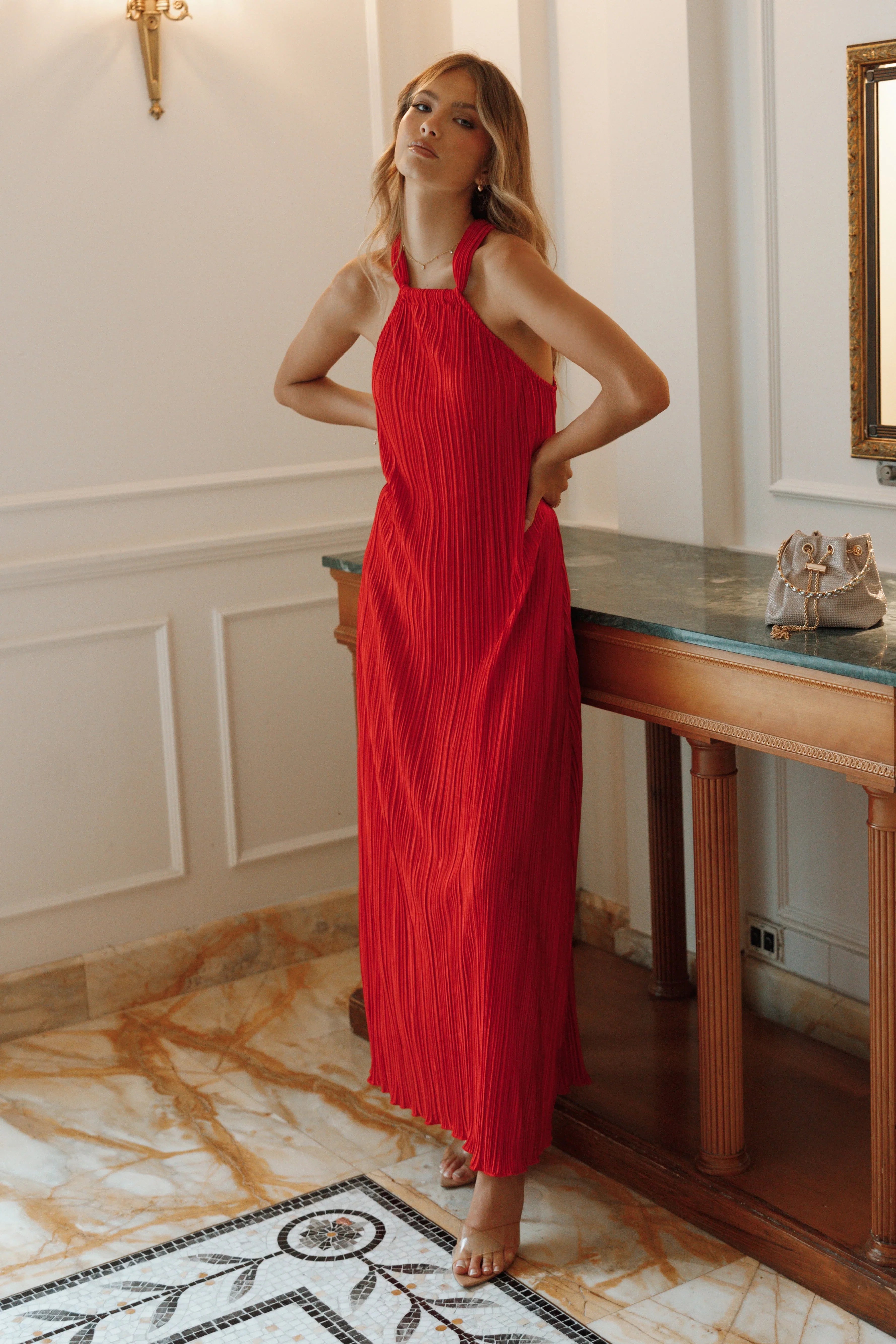 Melody Plisse Halter Maxi Dress Red