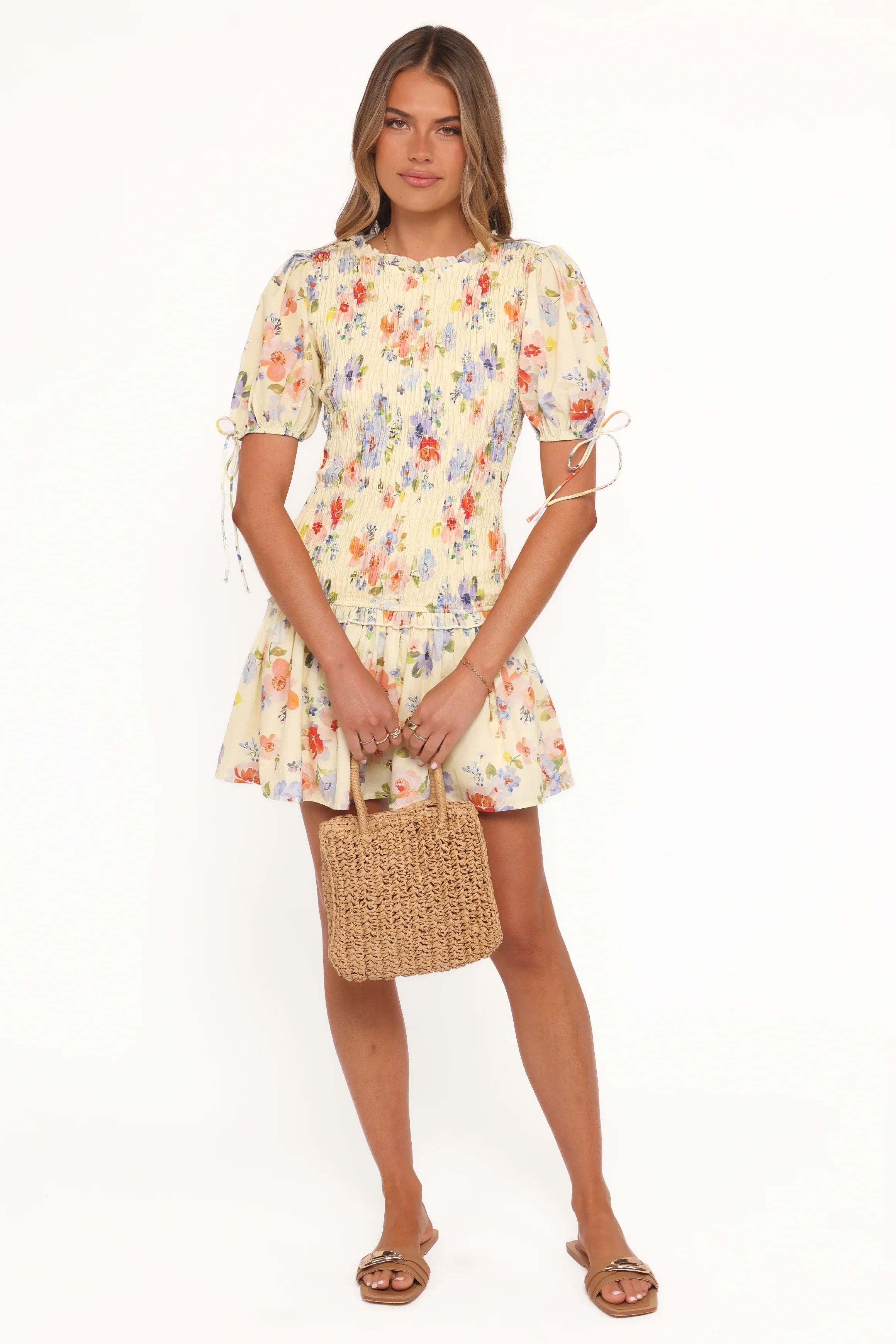 Kaelyn Gather Mini Dress Yellow Floral
